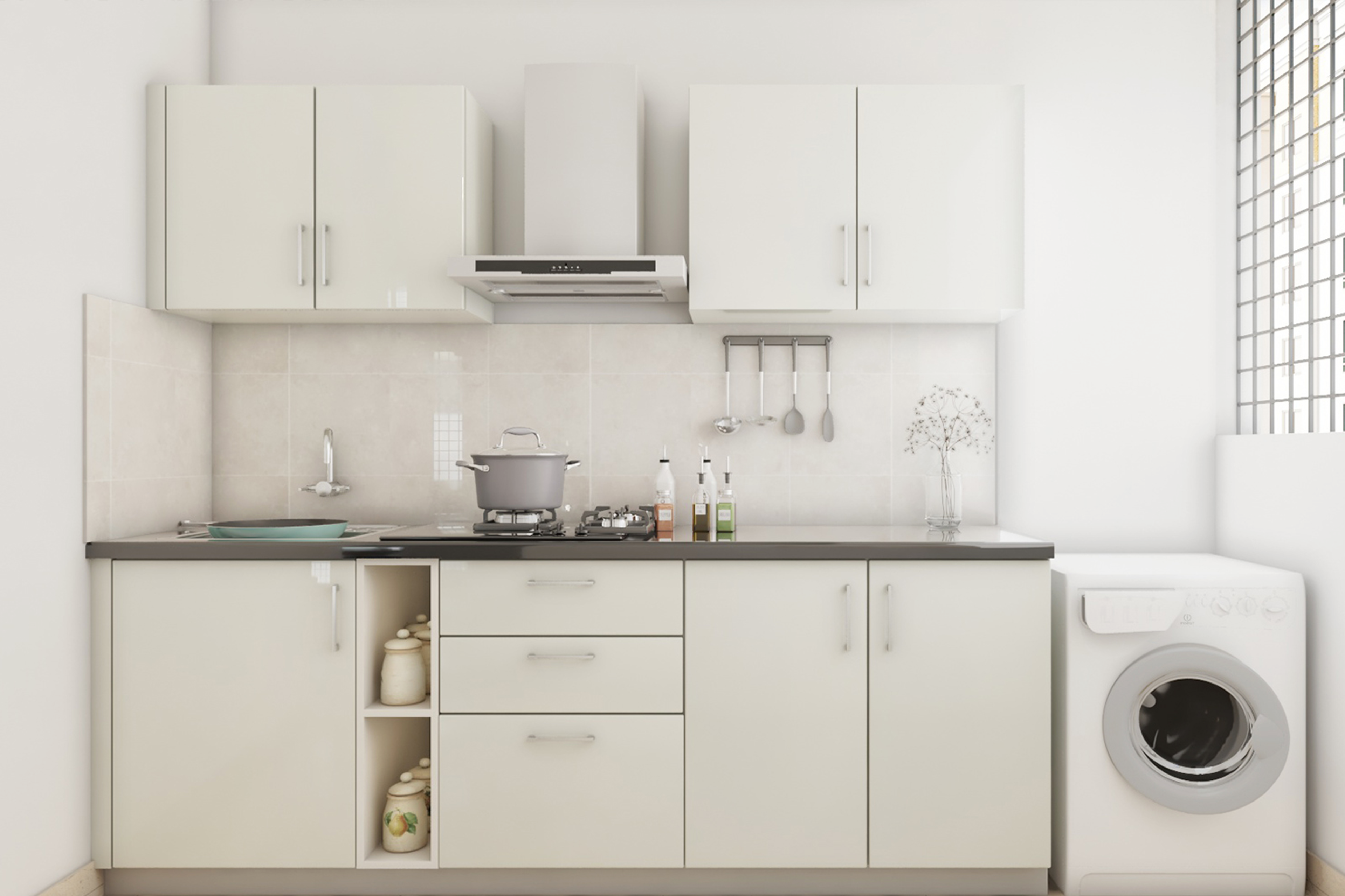 Minimal Parallel Kitchen Design With Aesthetic White Cabinets