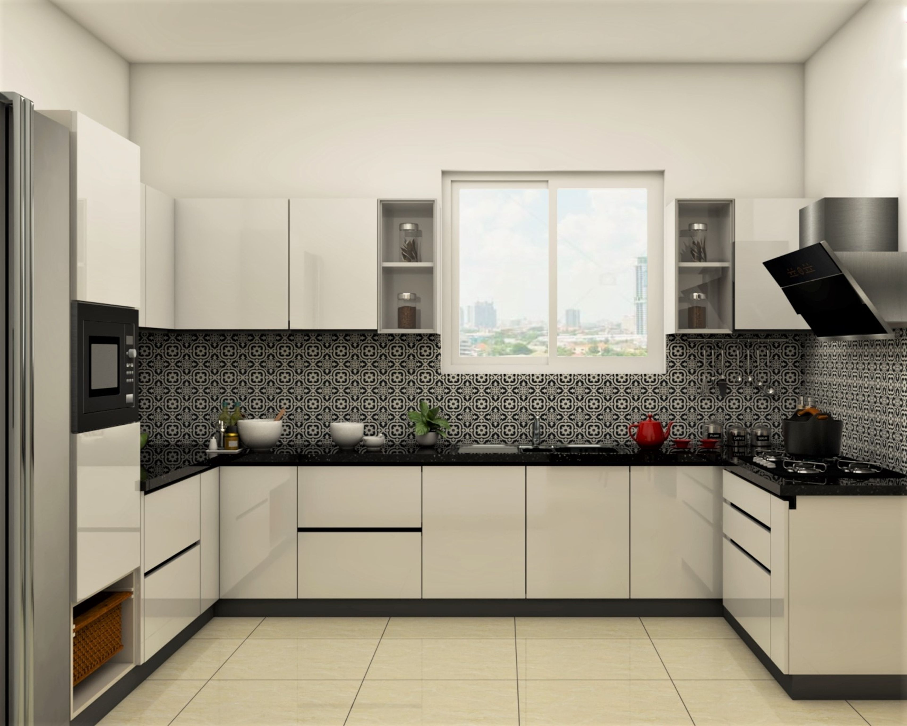 Contemporary Style Spacious Black And White Kitchen Design
