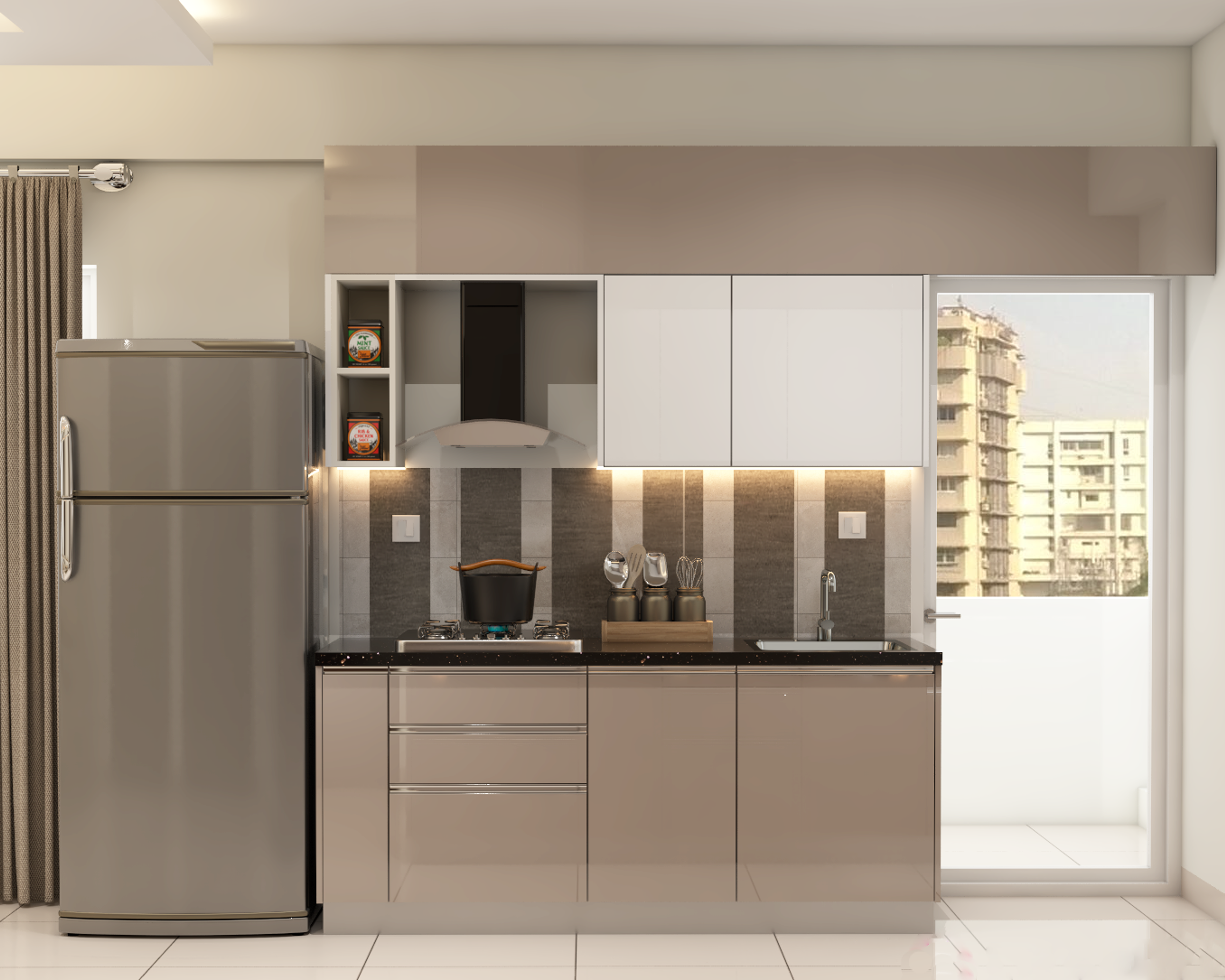 Contemporary Style Compact Modular Kitchen Design With Glossy Cabinets