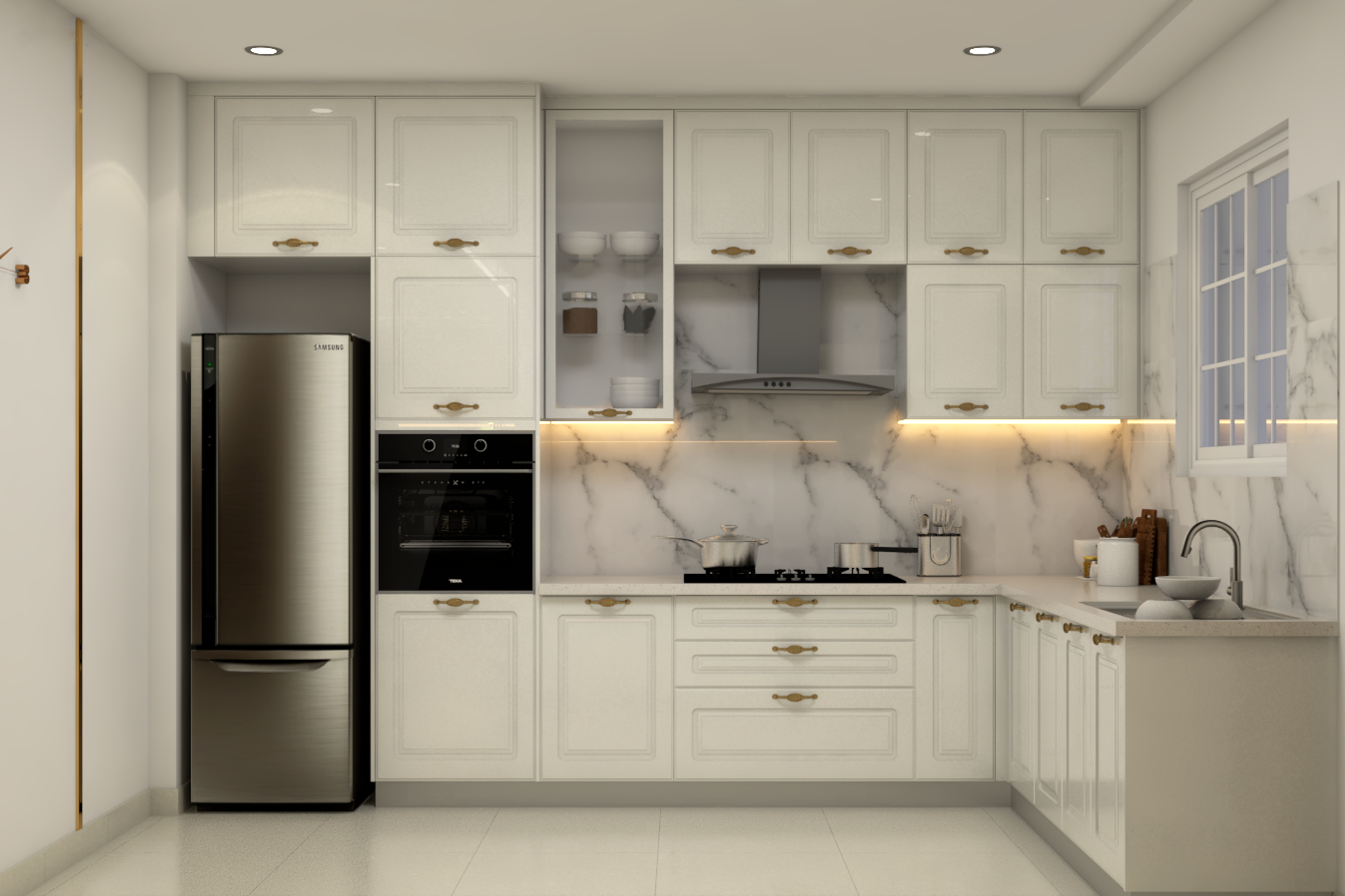 Classic Style Spacious All-White Modular Kitchen Design