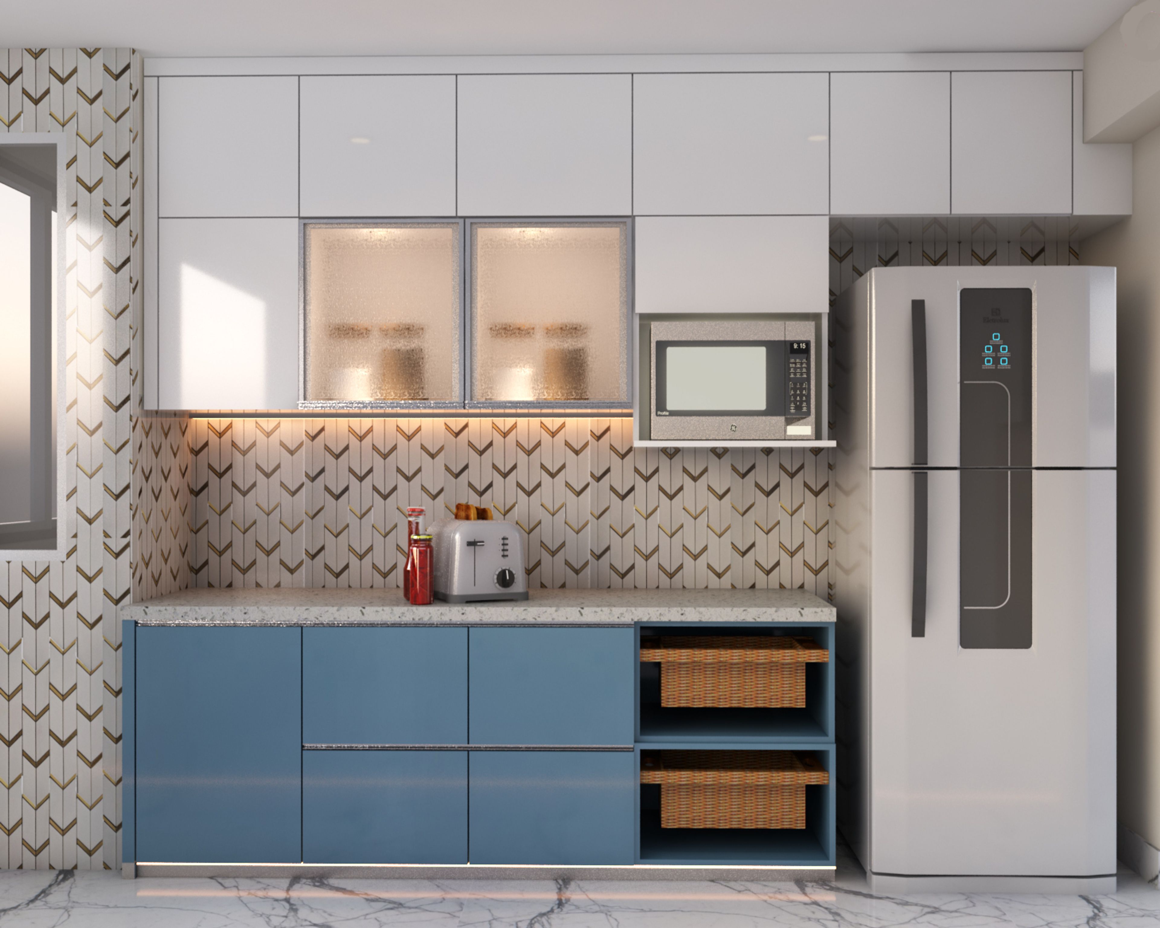 Teal Blue And White Kitchen - Livspace