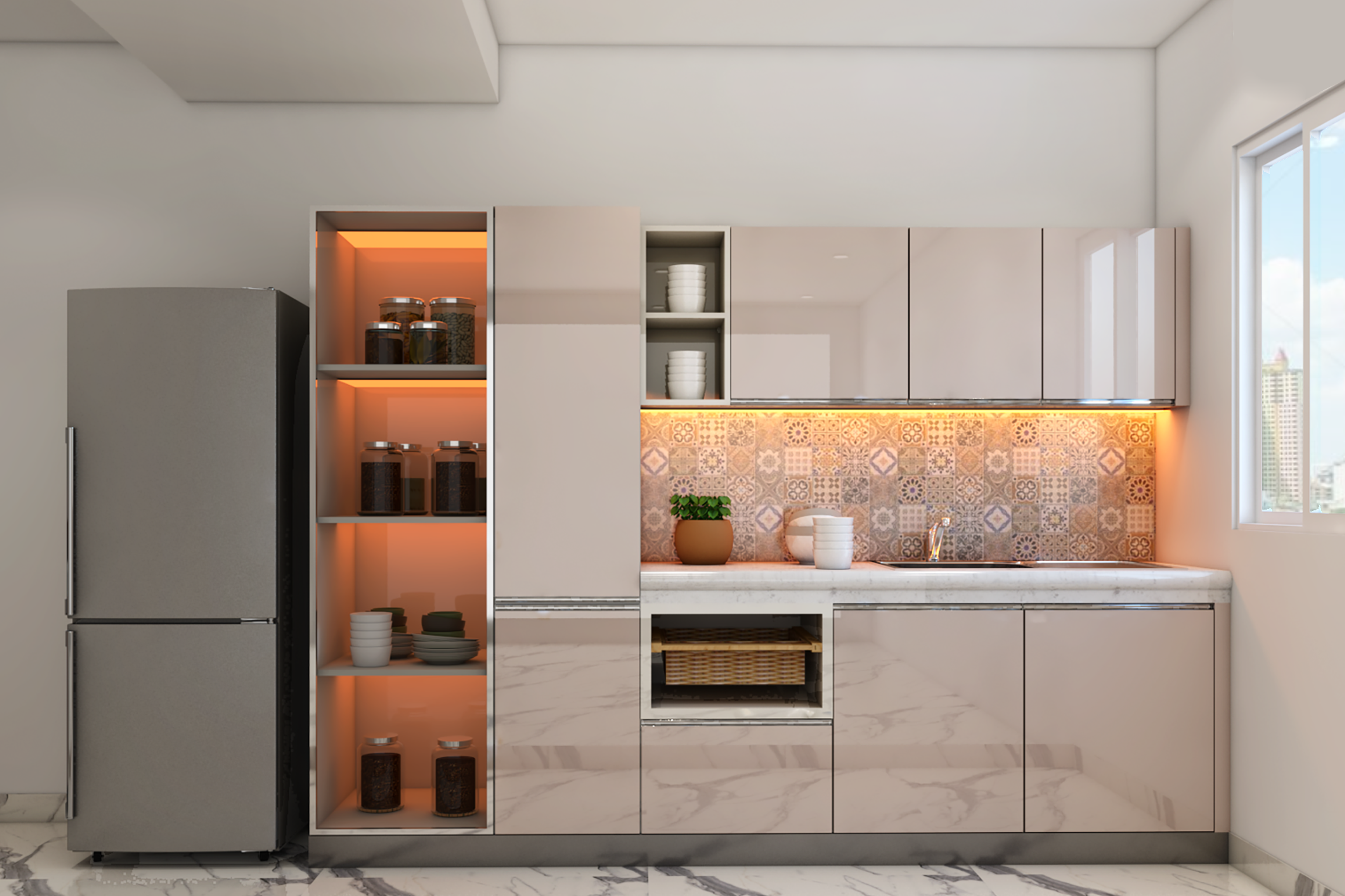 Modular Kitchen Design With Spacious Interiors And Multi-Colour Tiles