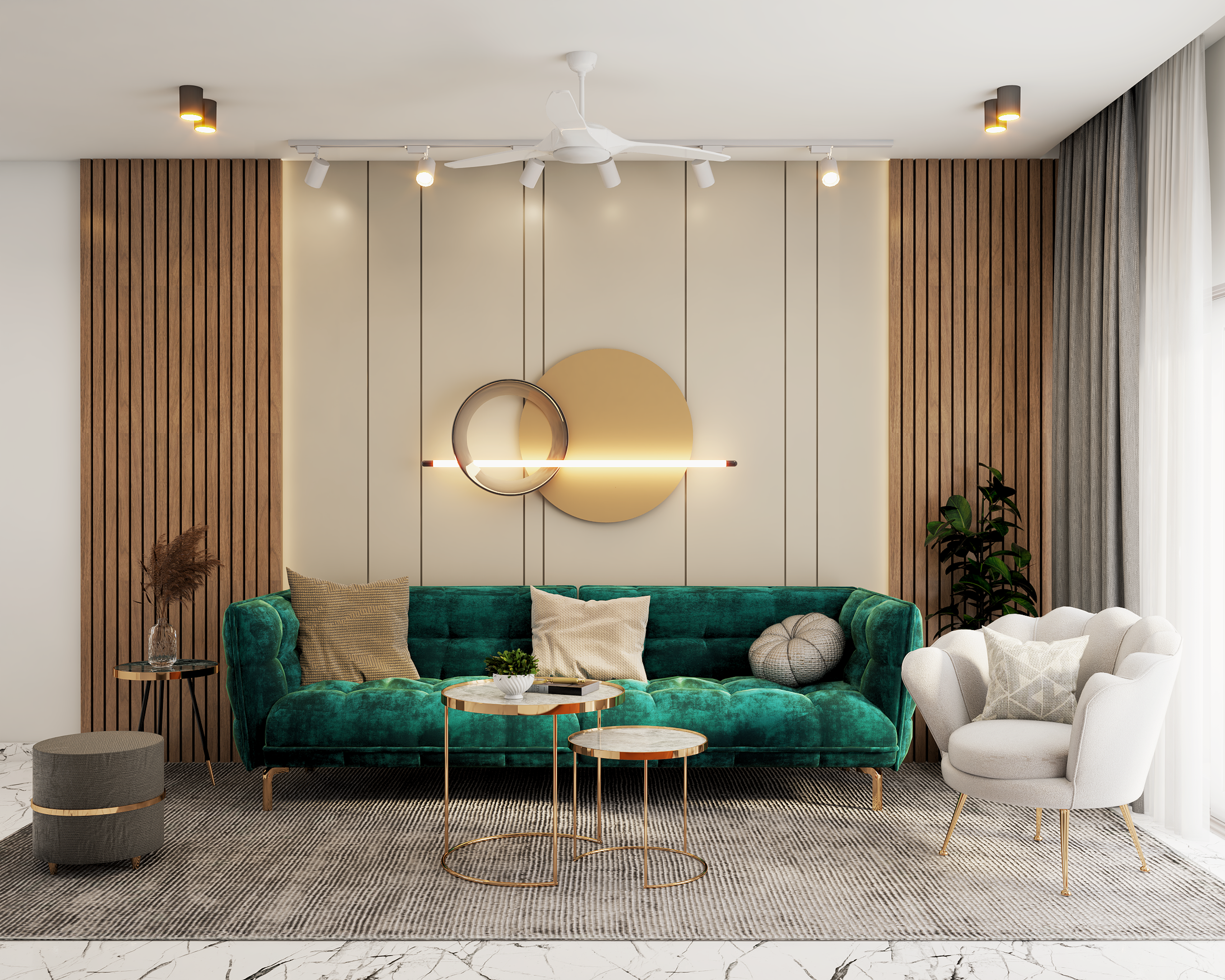 Modern Living Room With Green Couch - Livspace