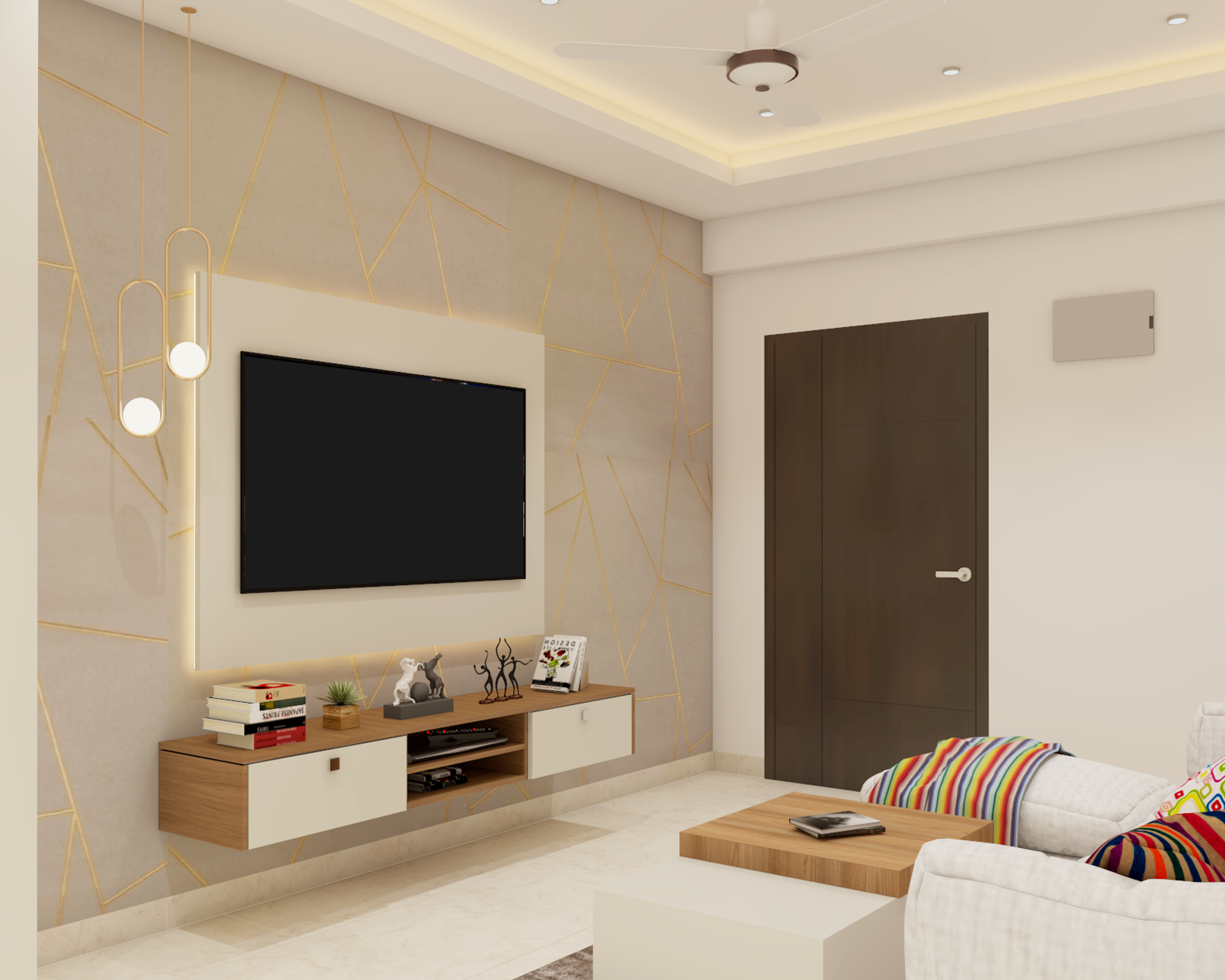 Compact Sized Contemporary Style TV Unit Design In Beige