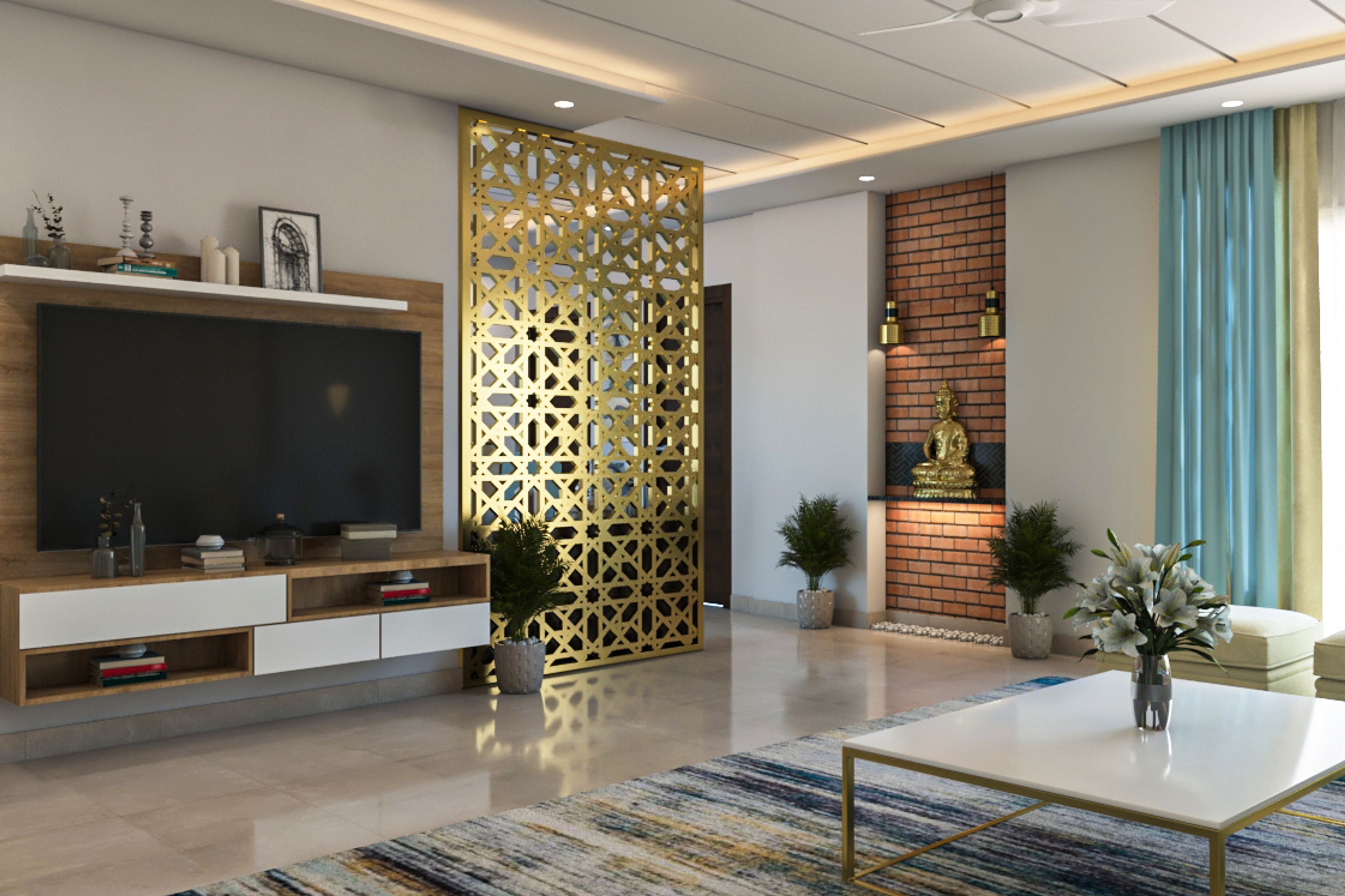 Modern Living Room In Blue And Gold - Livspace