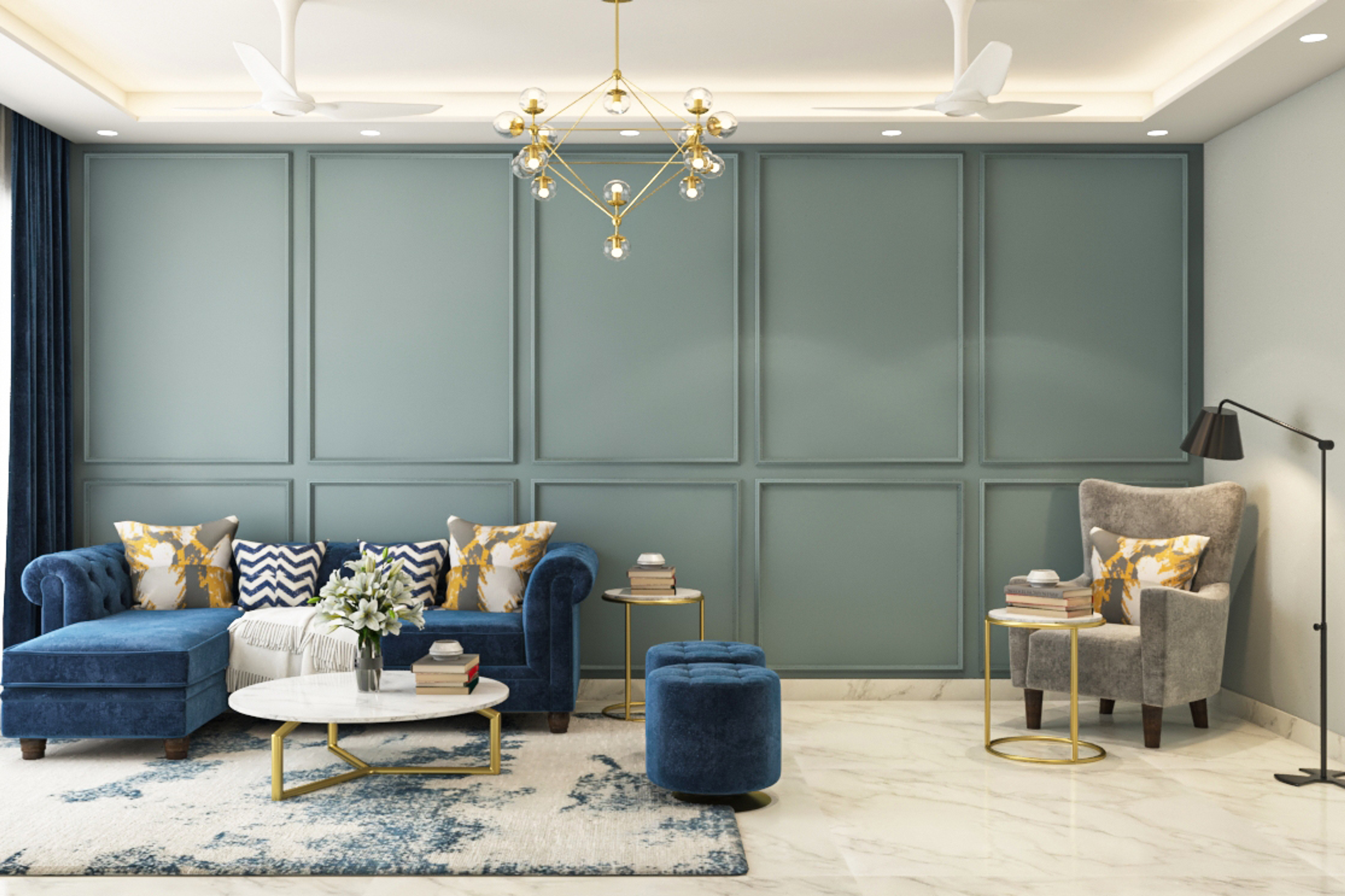 Spacious Living Room Design With Chandelier And Blue Sofa Set