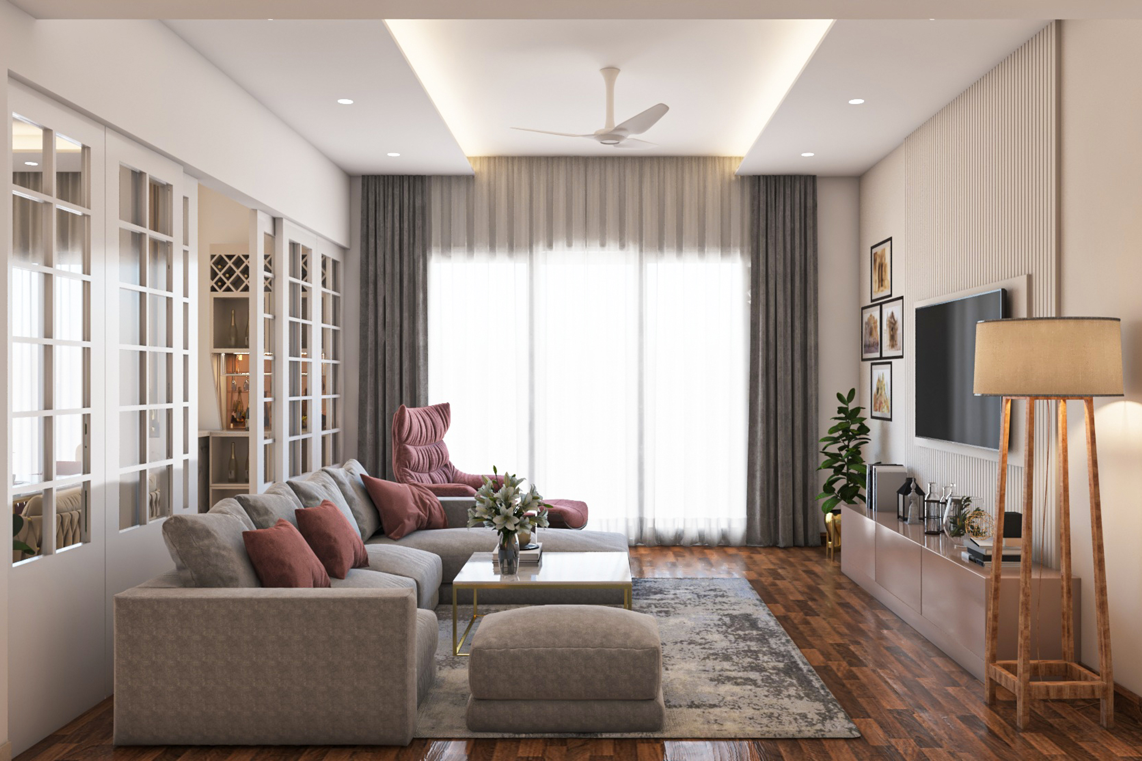 Contemporary Grey And Pink Living Room Design With TV Unit