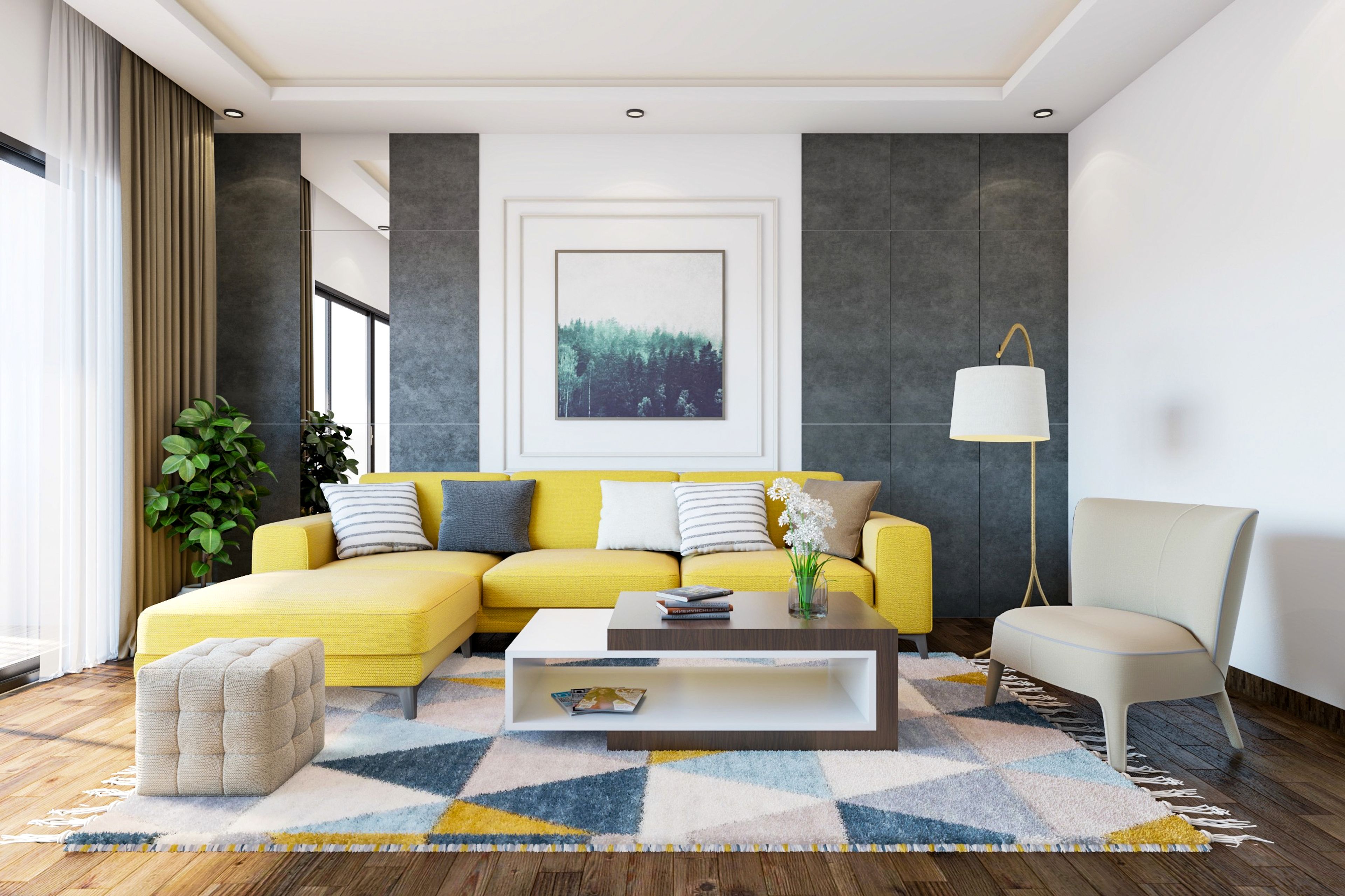 Contemporary Living Room Design With Bright Yellow Sofa