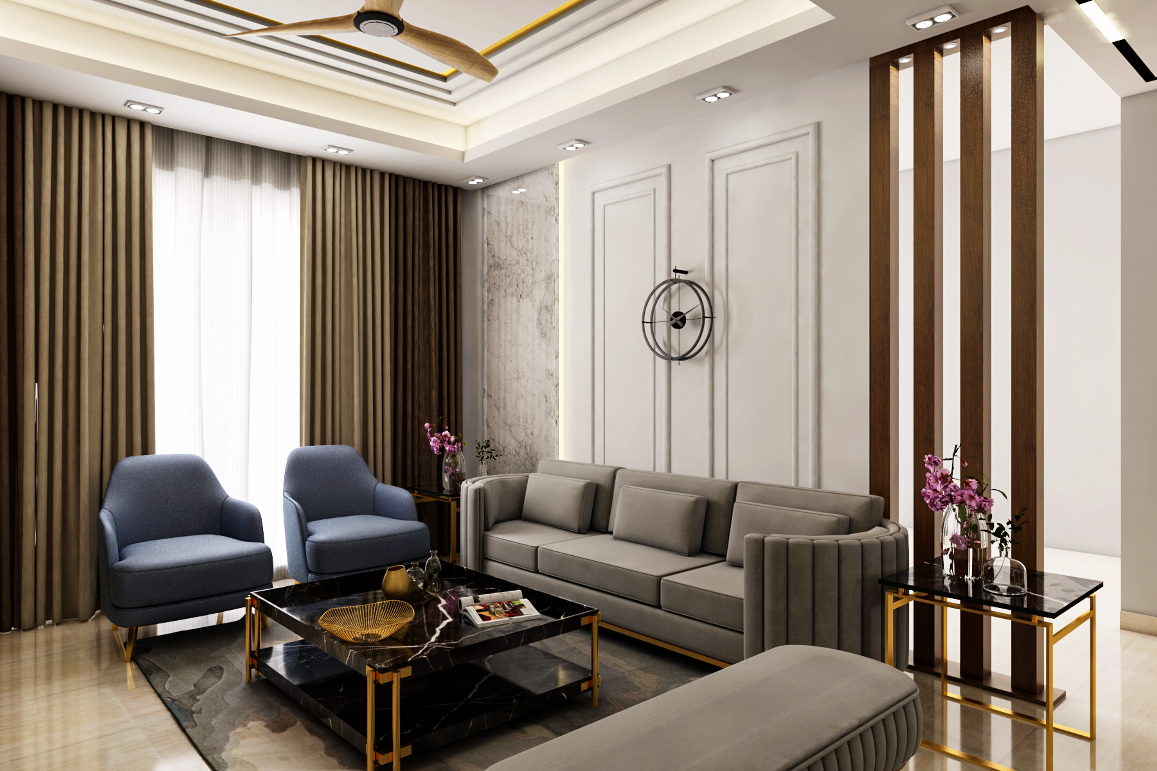 Classic Living Room Design With Blue Chairs