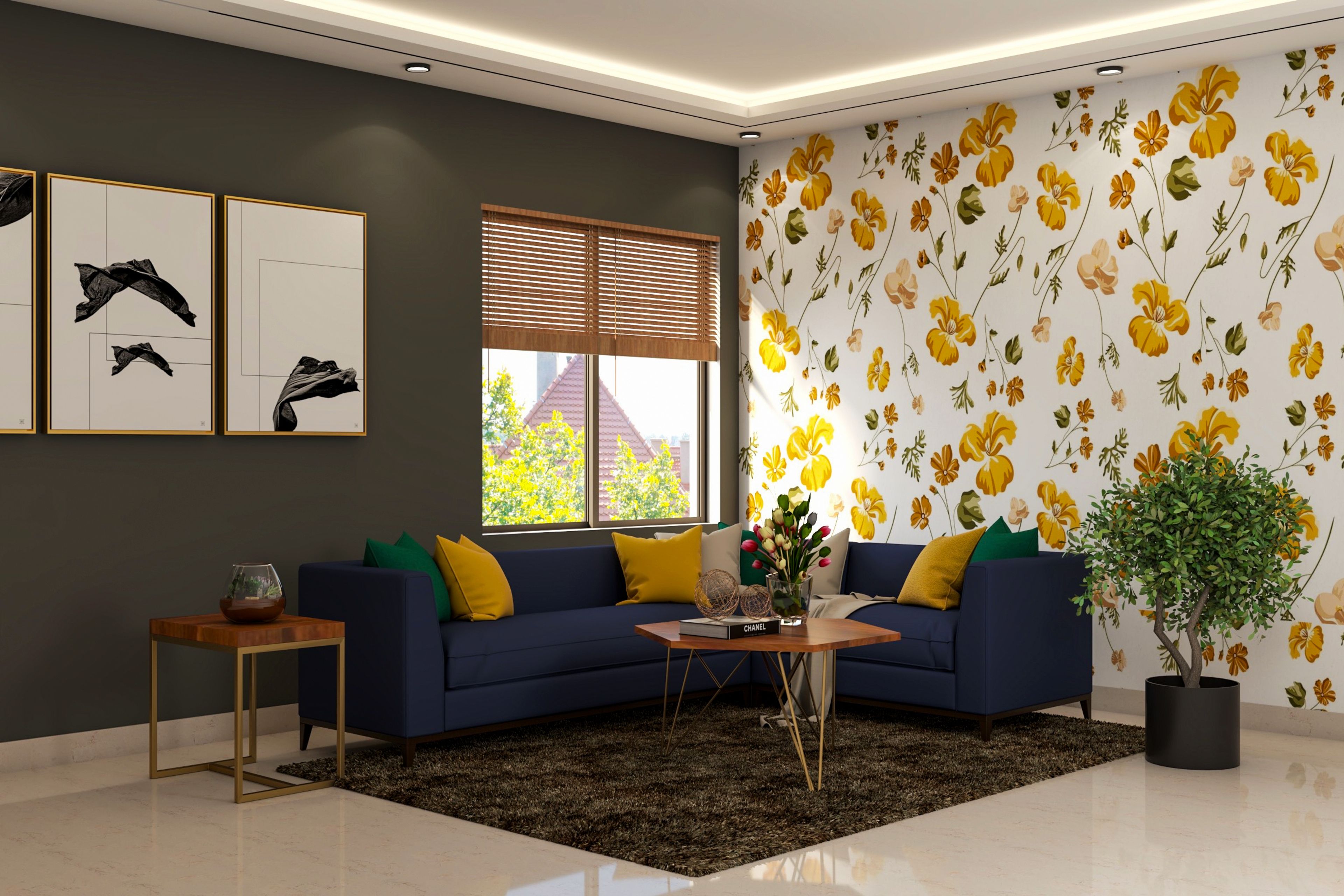 Modern Living Room Design With Patterned Wallpaper