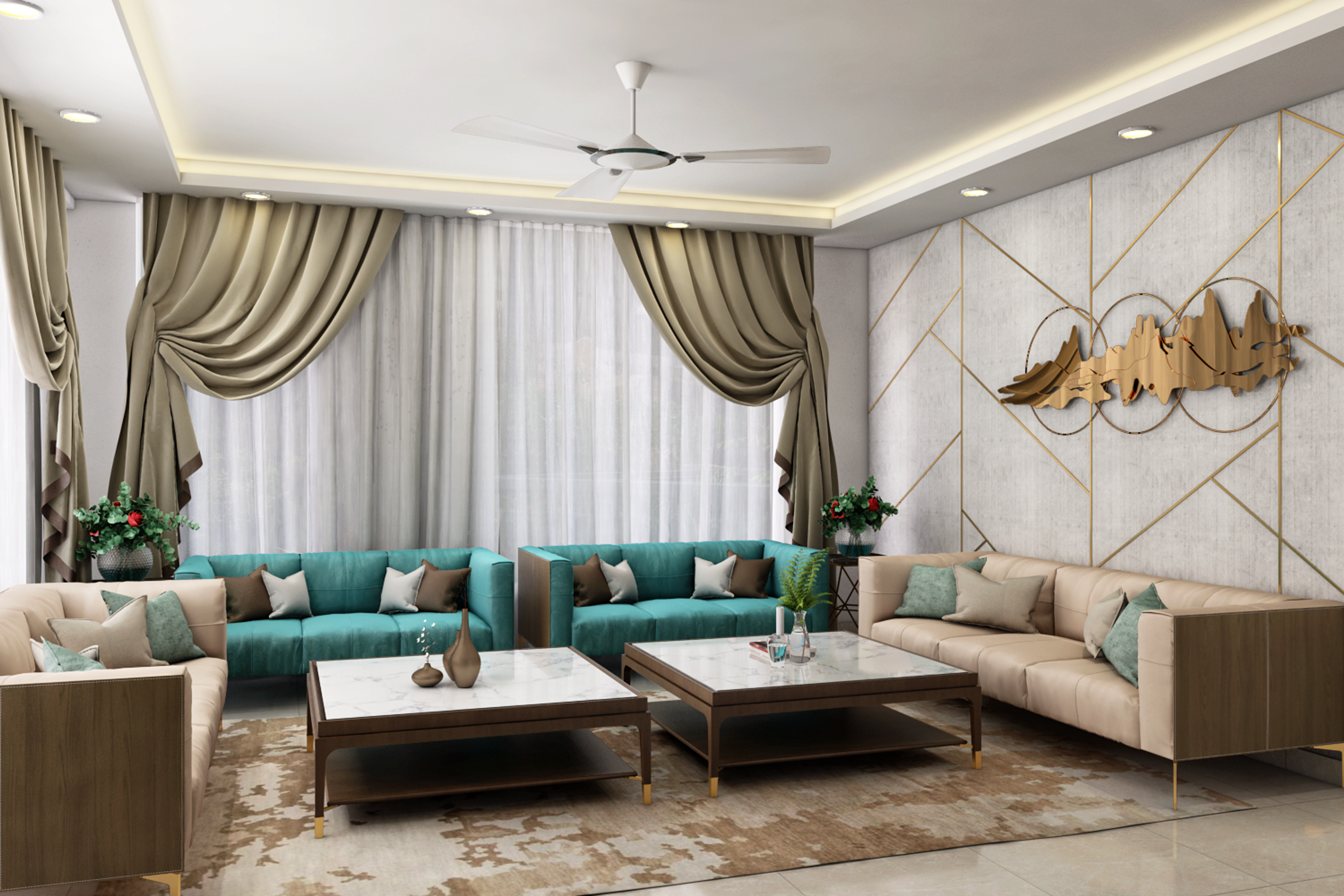 Spacious Beige And Green Living Room Design With Accent Wall