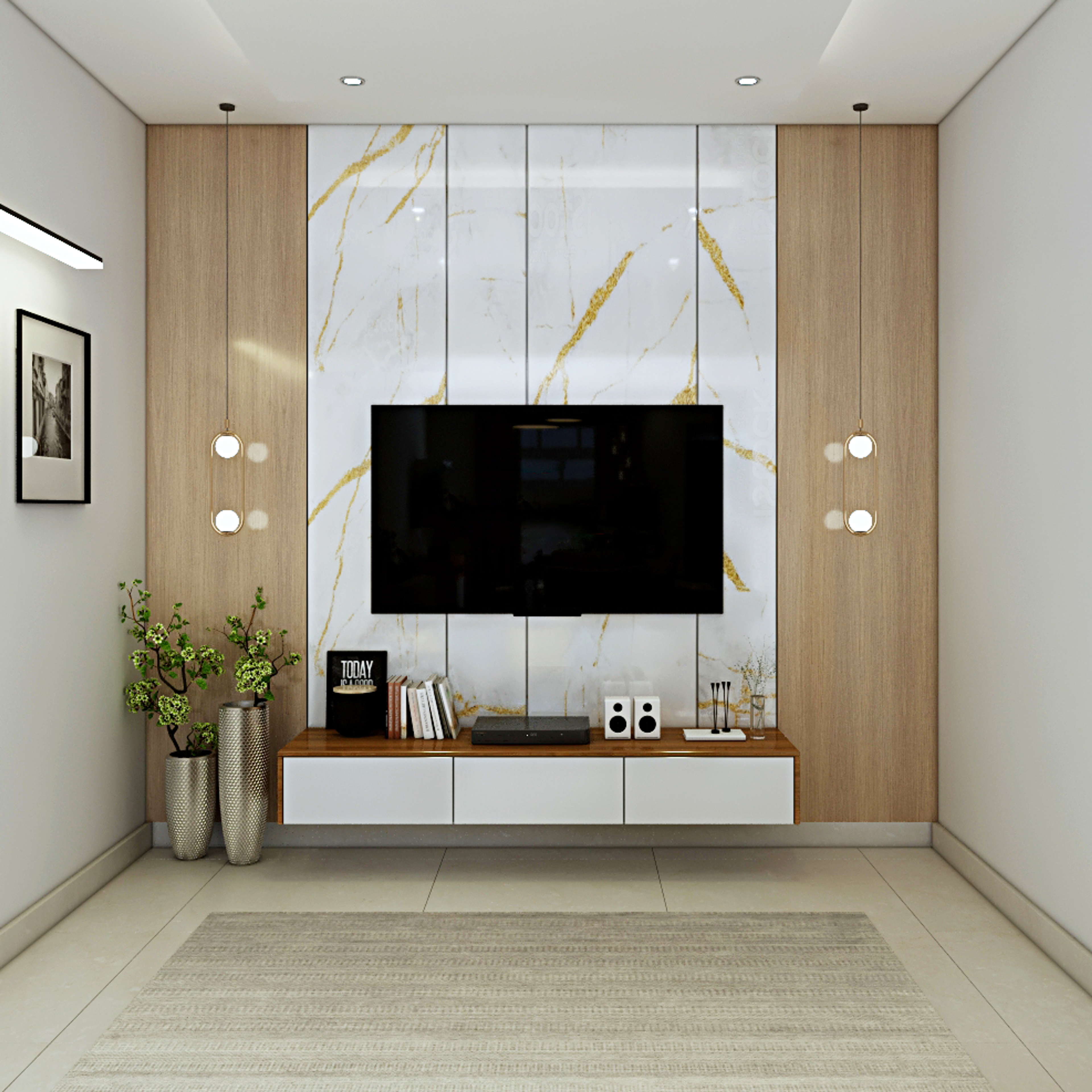 Classic Themed Compact TV Unit Design With Wooden Laminate