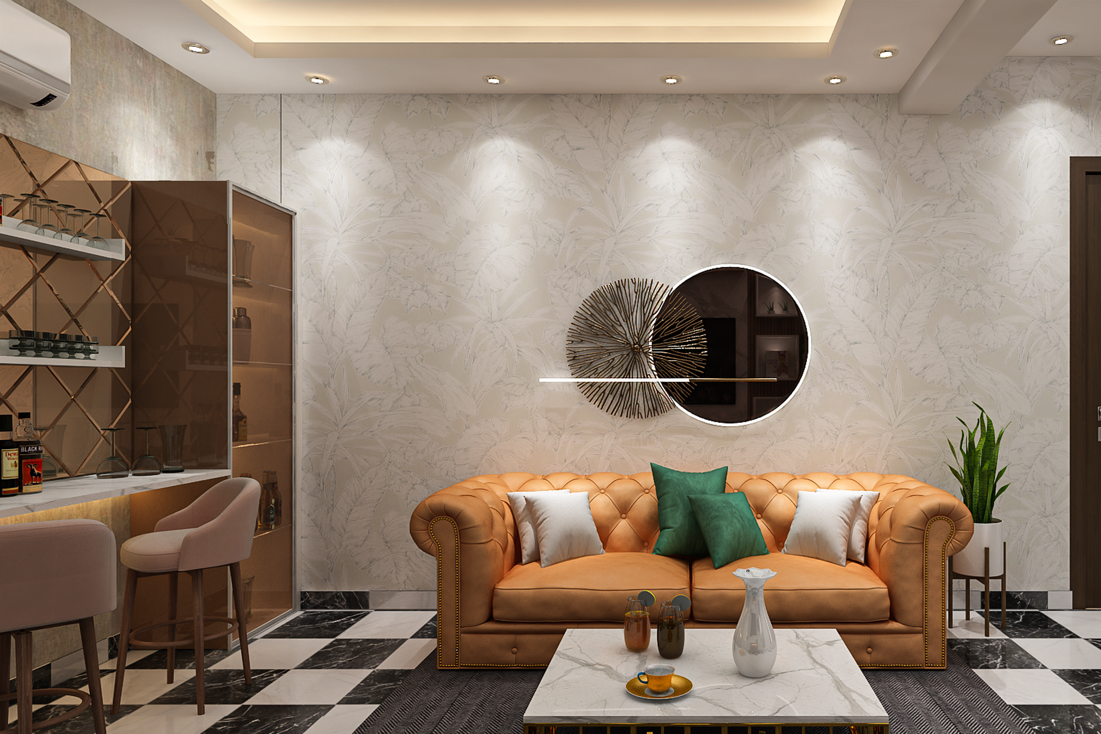 Compact Living Room Design With Peach Leather Sofa And Geometric Flooring