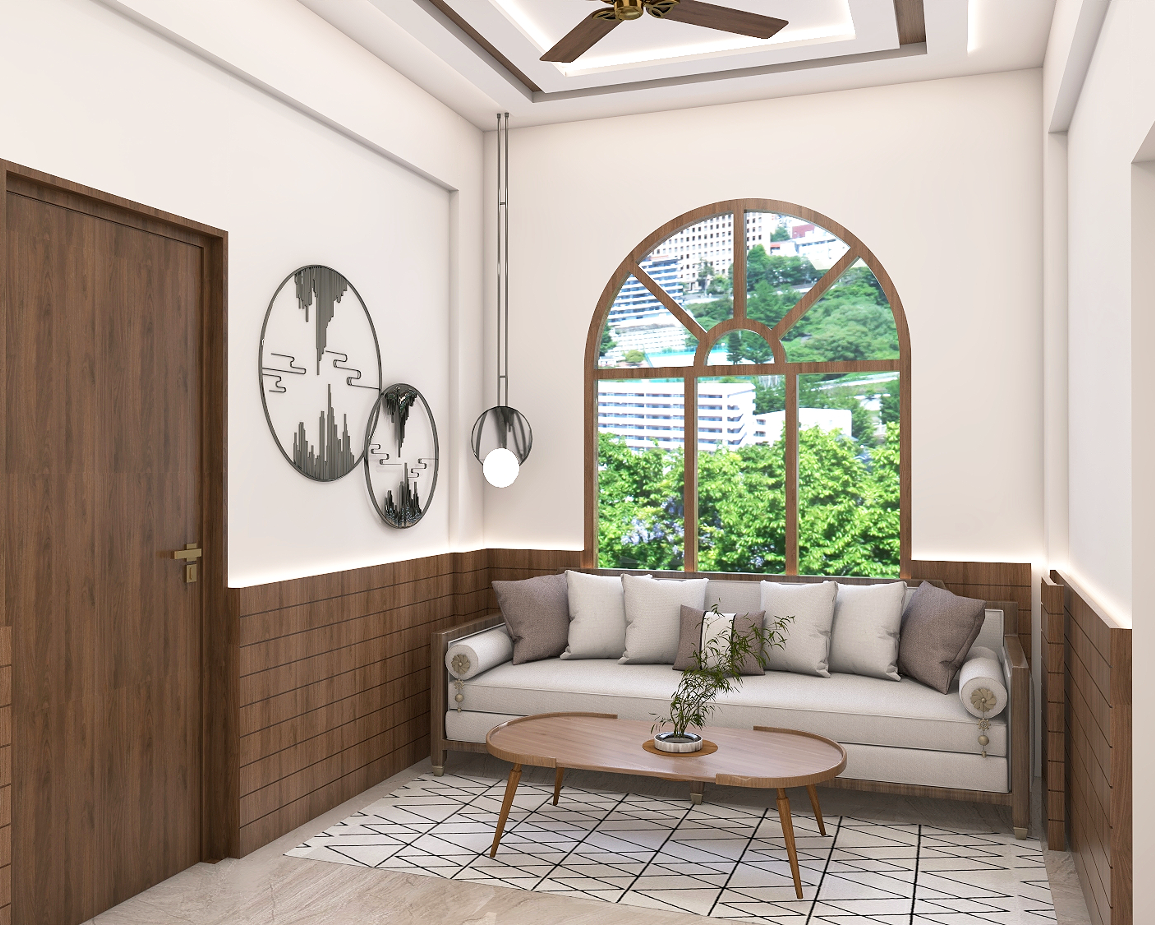 Modern Style Spacious Living Room Design With White And Grey Sofa