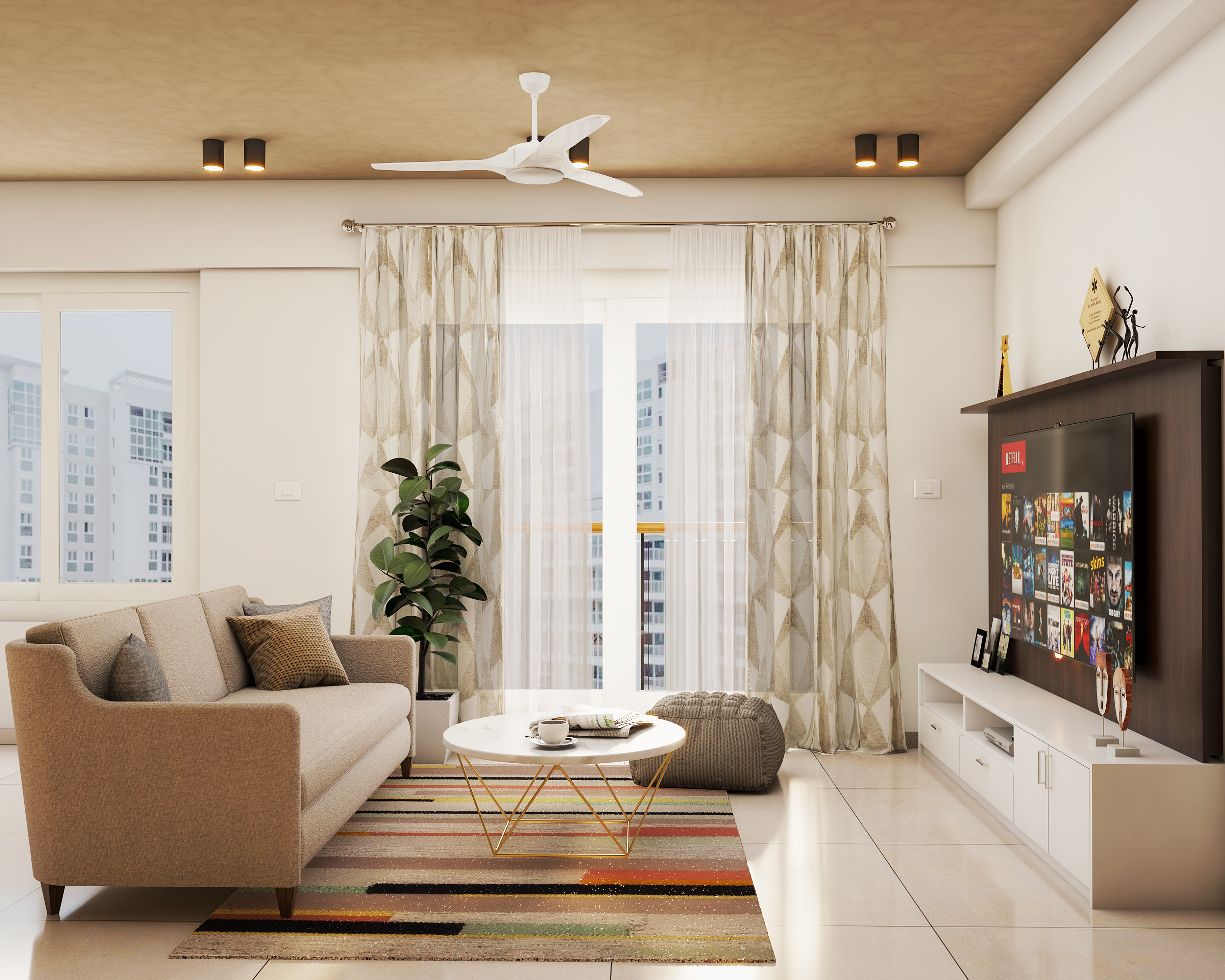 Modern Living Room Design With Beige Sofa And Cabinet