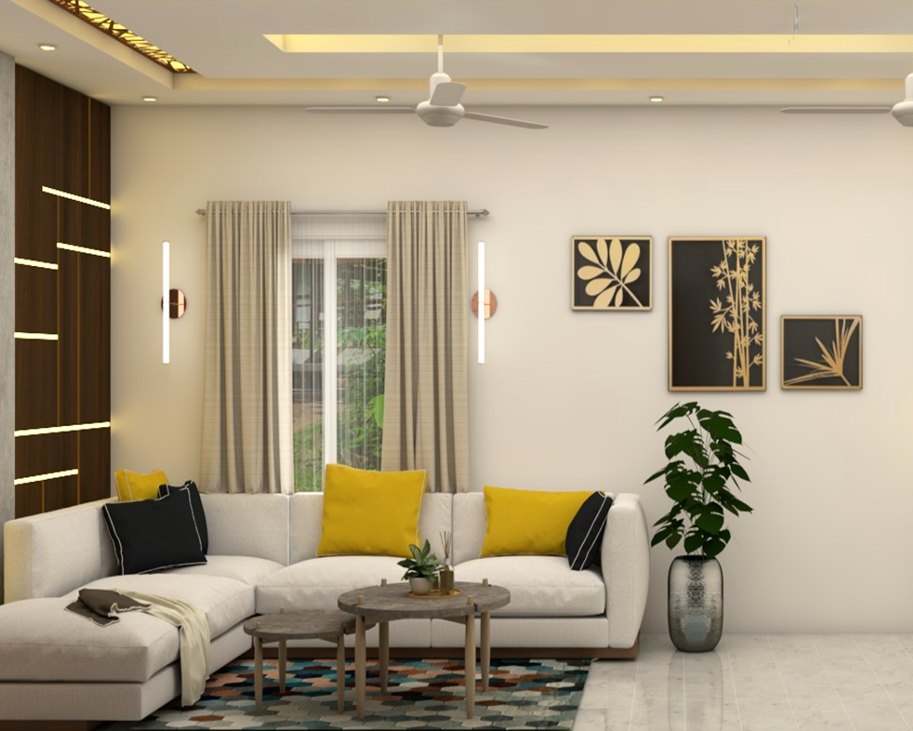 Contemporary Living Room Design With L-Shaped White Sofa