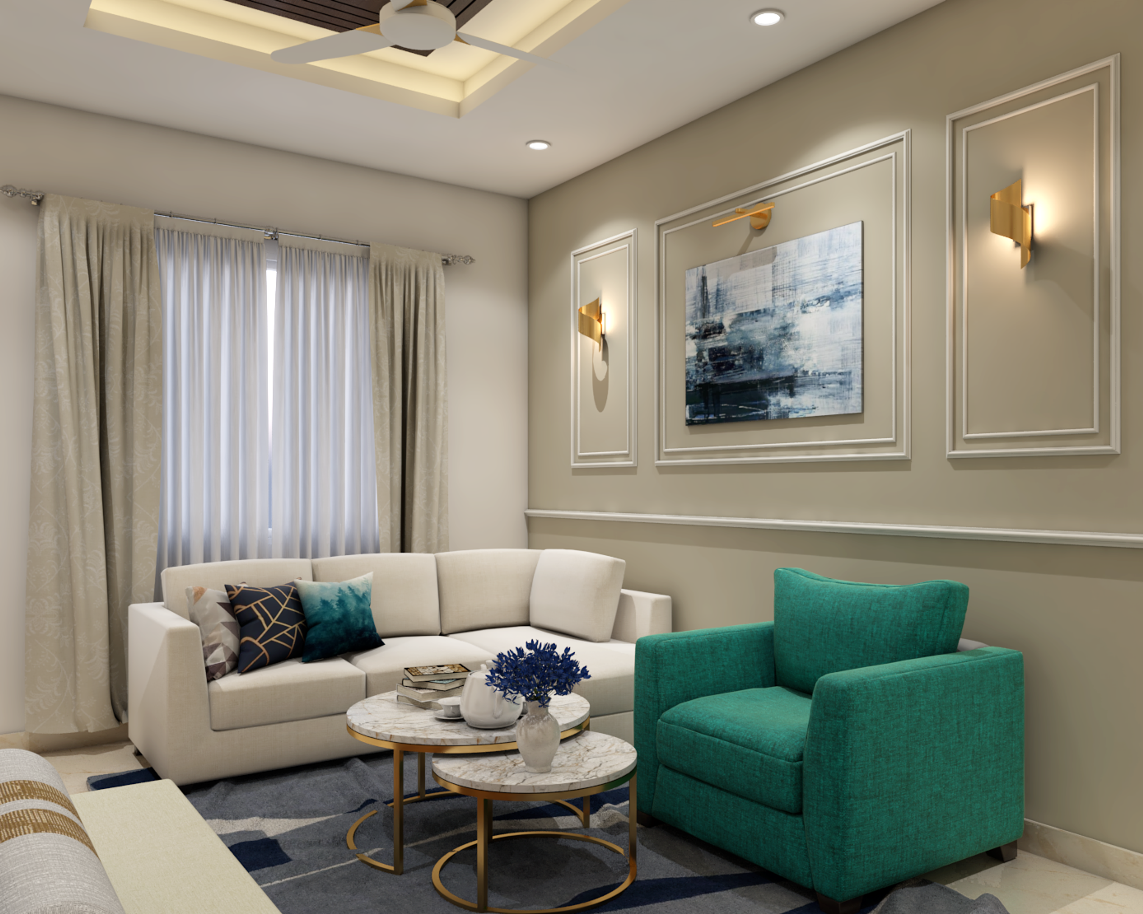 Contemporary White And Blue Living Room Design