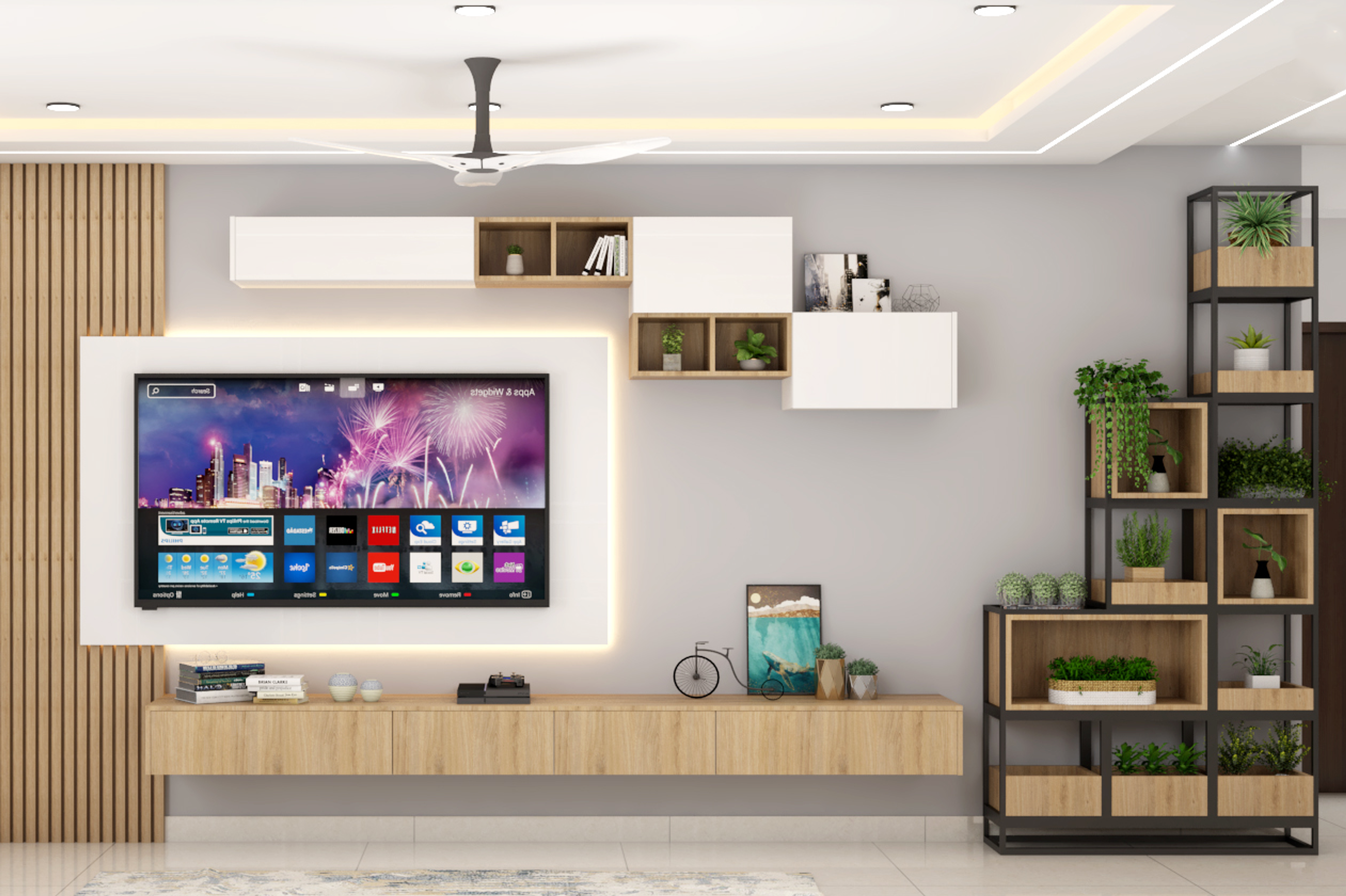 Contemporary Living Room Design With Spacious TV Unit