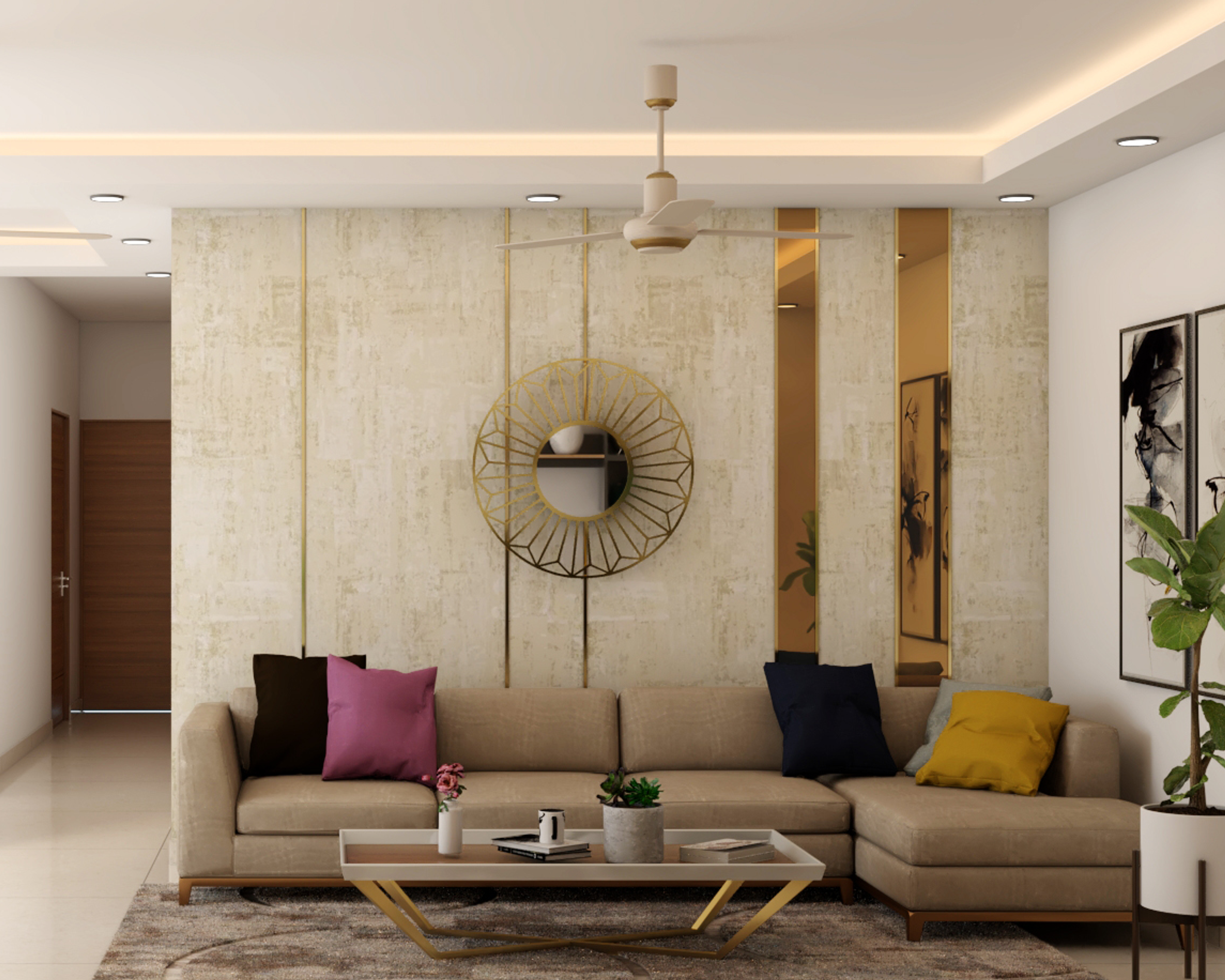 Contemporary Living Room Design With Beige L-shaped Sofa