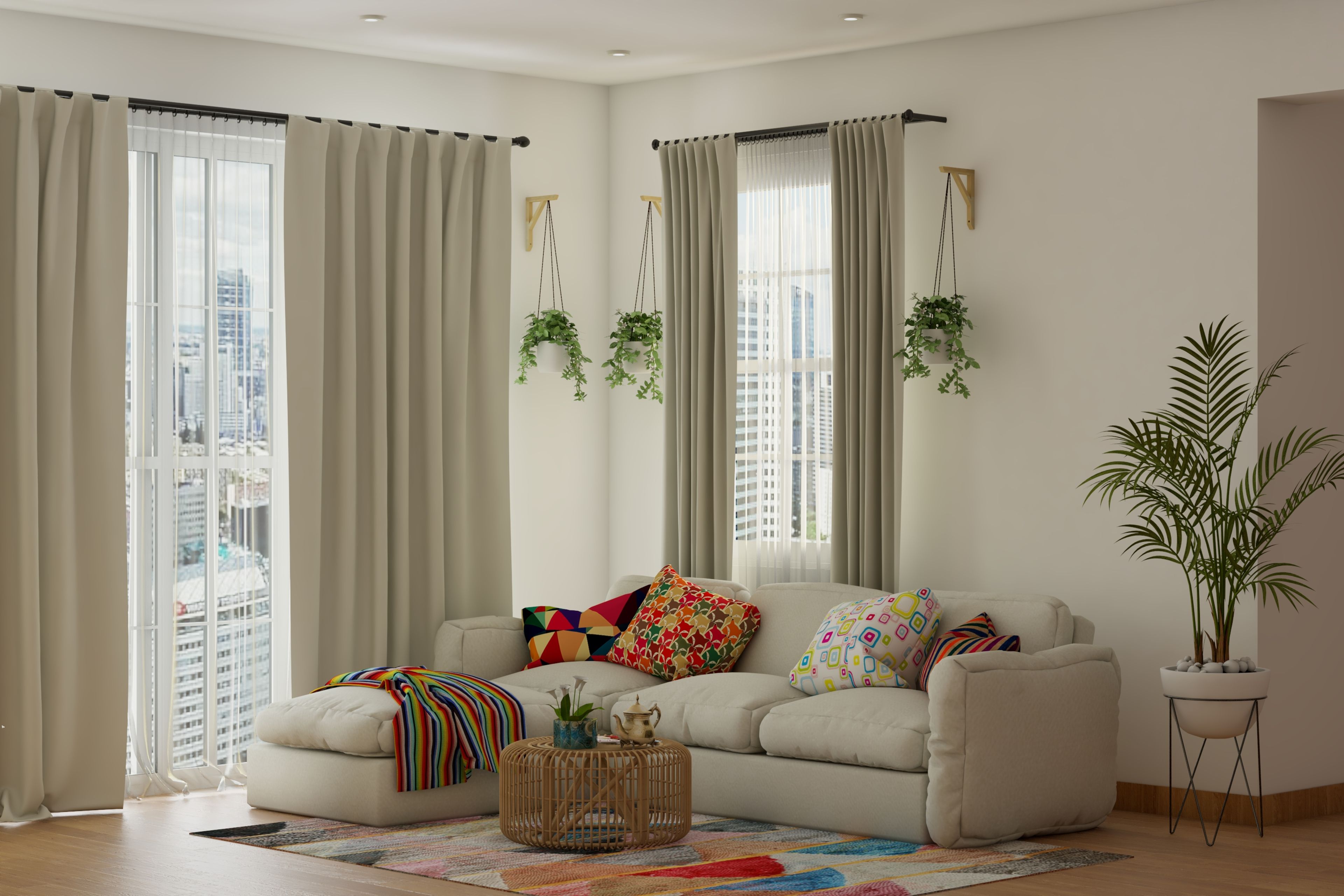 Scandinavian Living Room Design With A Cushioned Sofa And Subtle Pops Of Colour