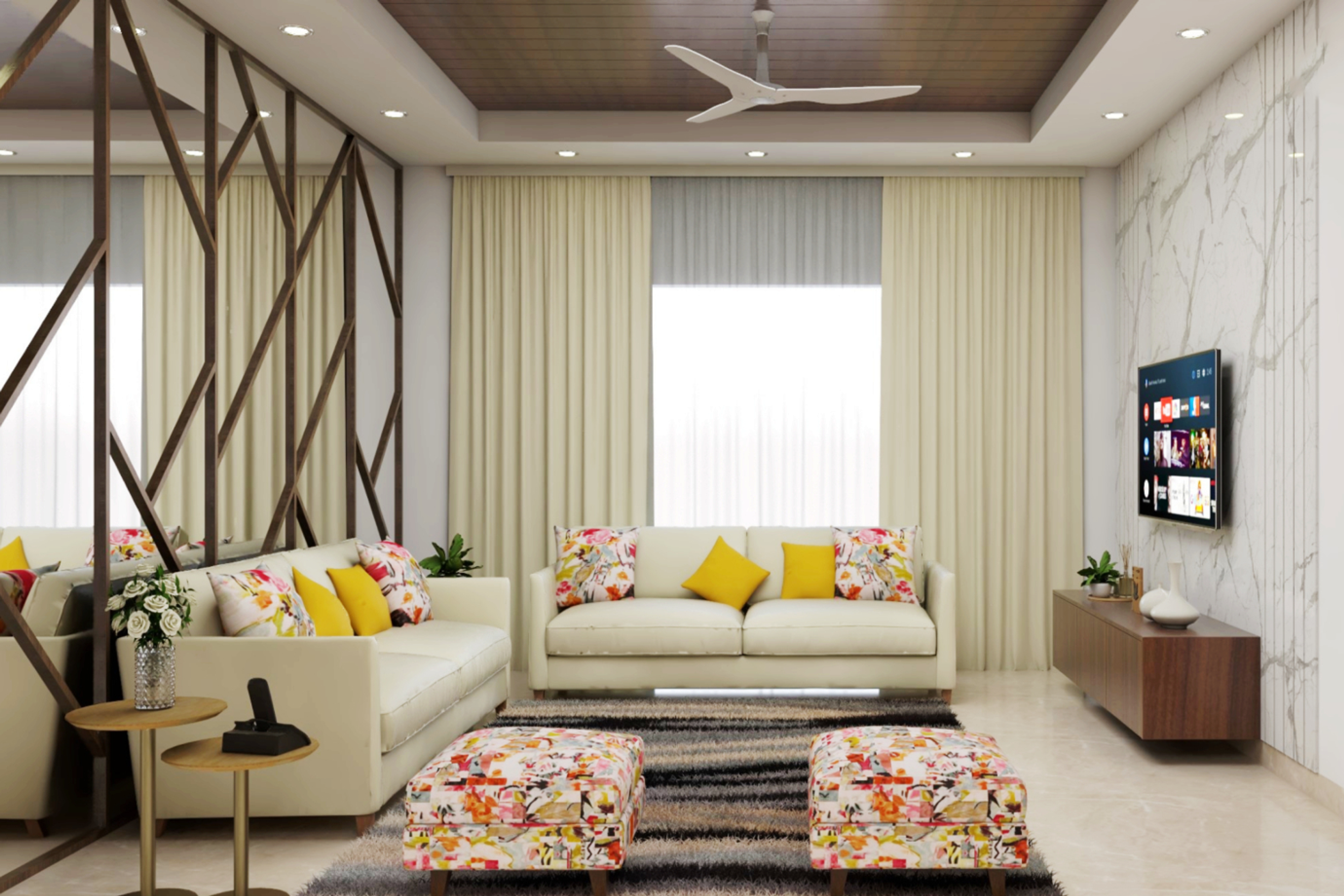 Contemporary L Shaped Living Room Design With TV Unit And Mirrored Wall