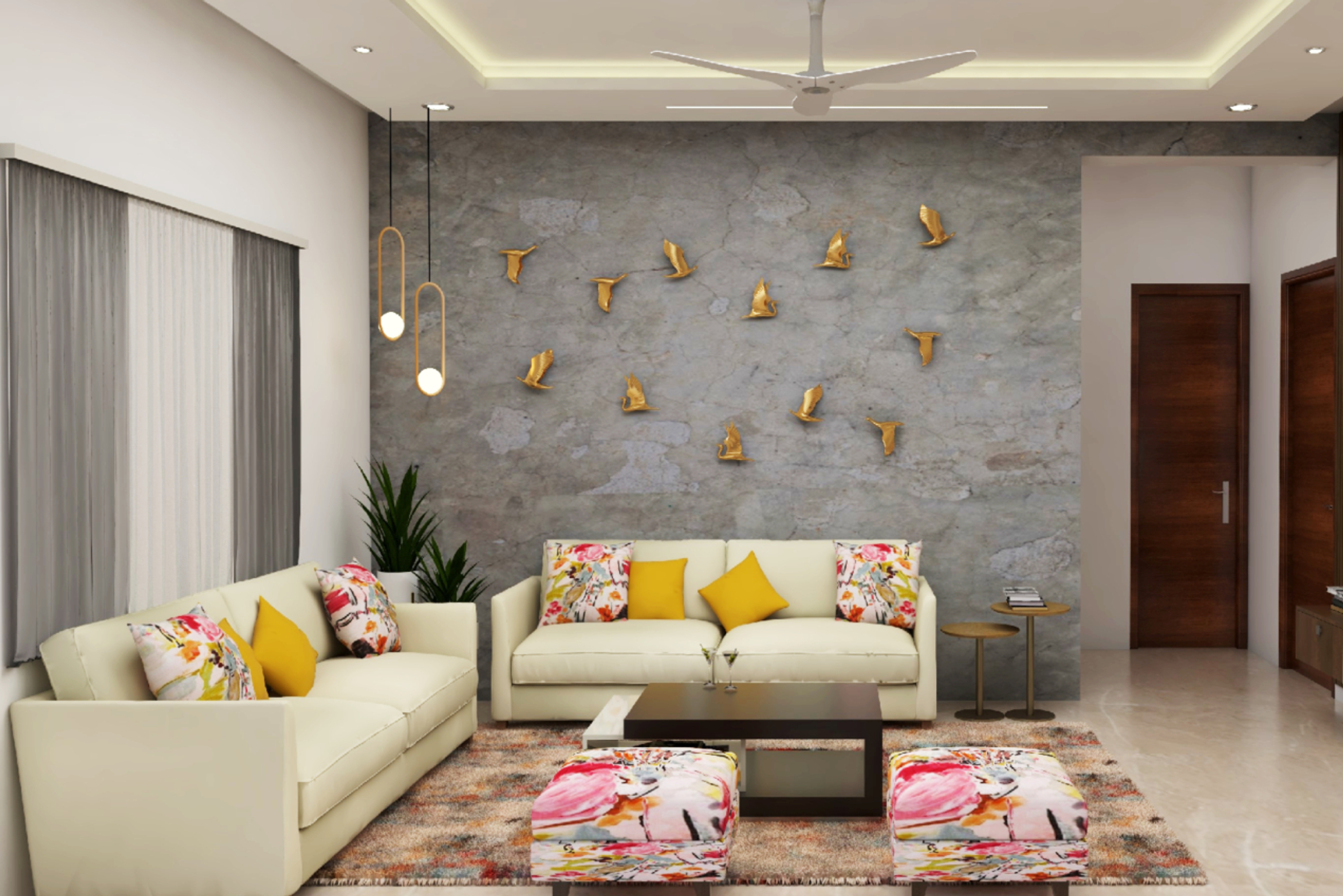 Spacious L-Shaped Living Room Design With Off-White Sofa Set
