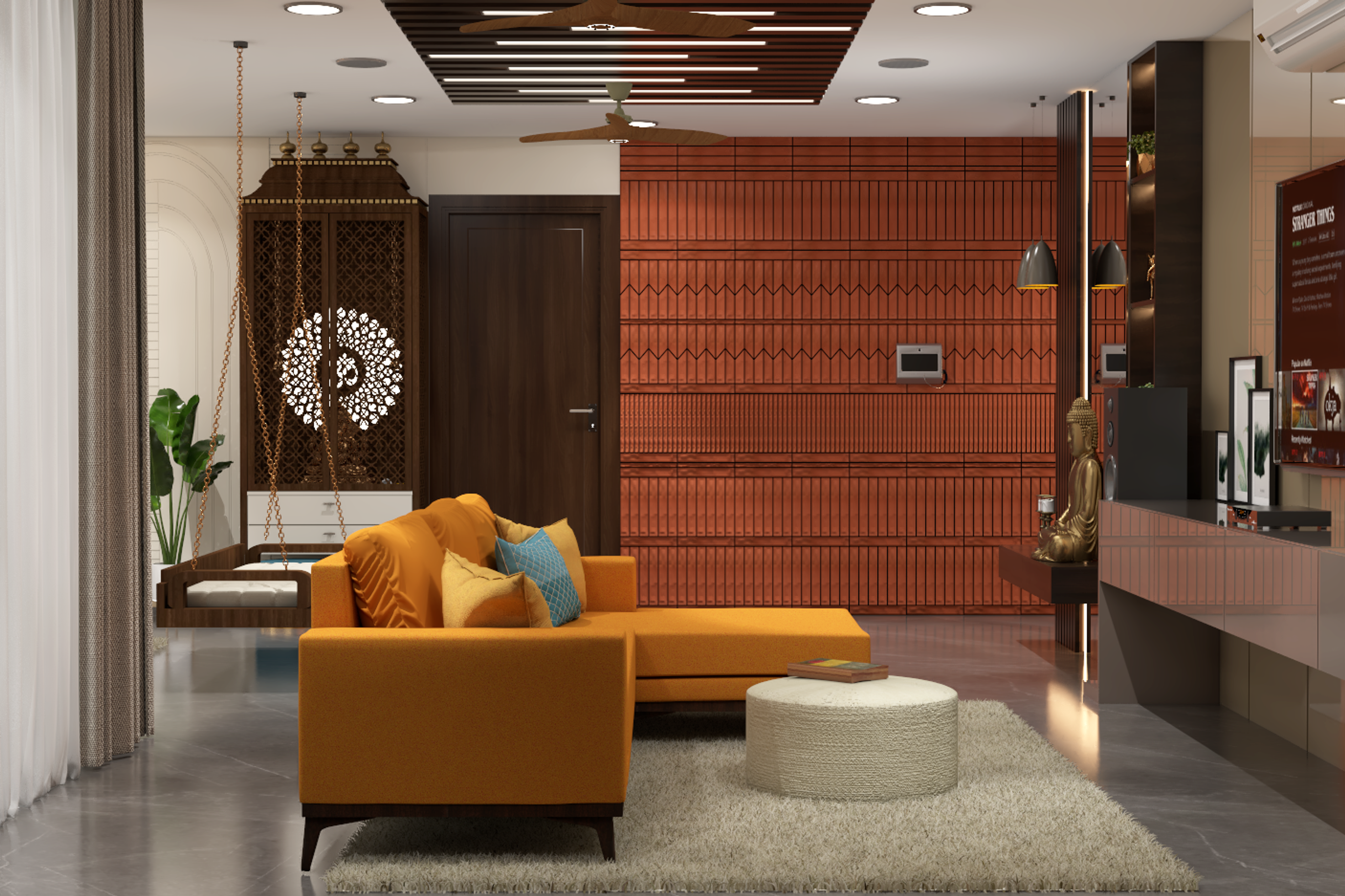 Modern Spacious Living Room Design With L-Shaped Mustard Yellow Sofa