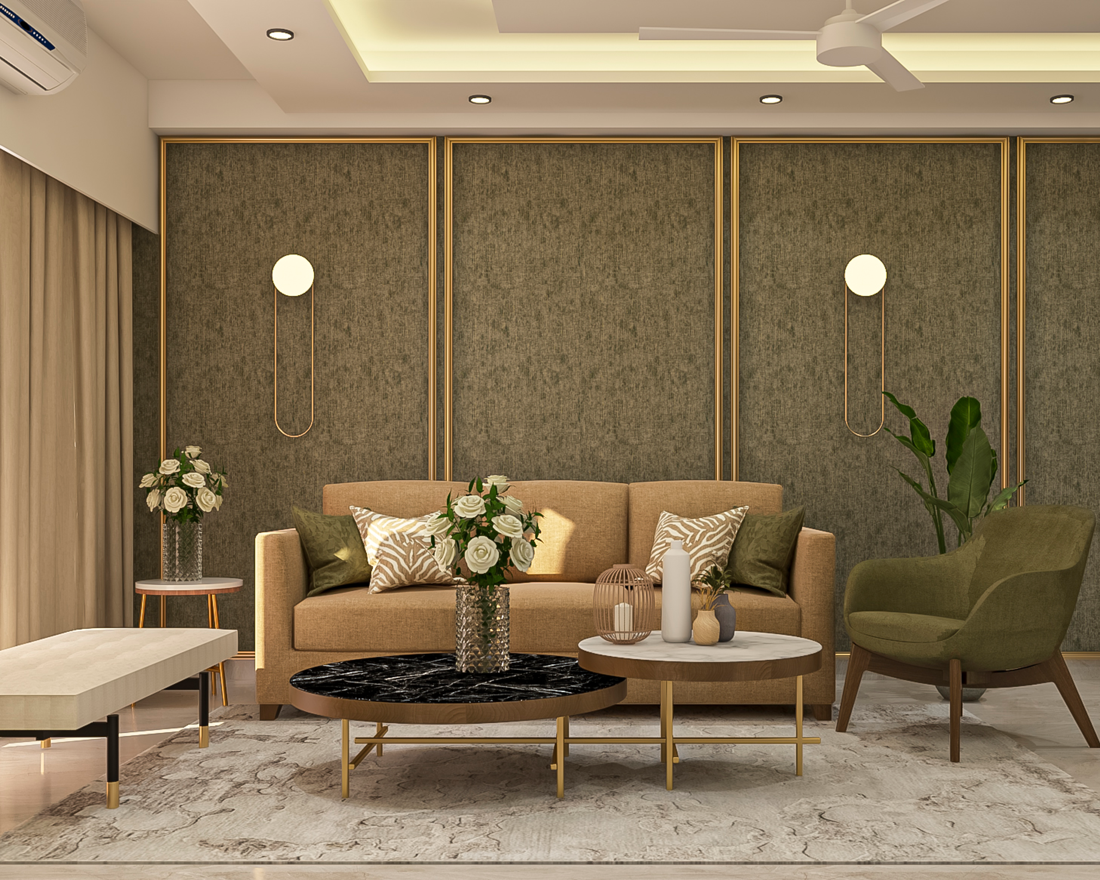 Contemporary Living Room Design With Golden Trims