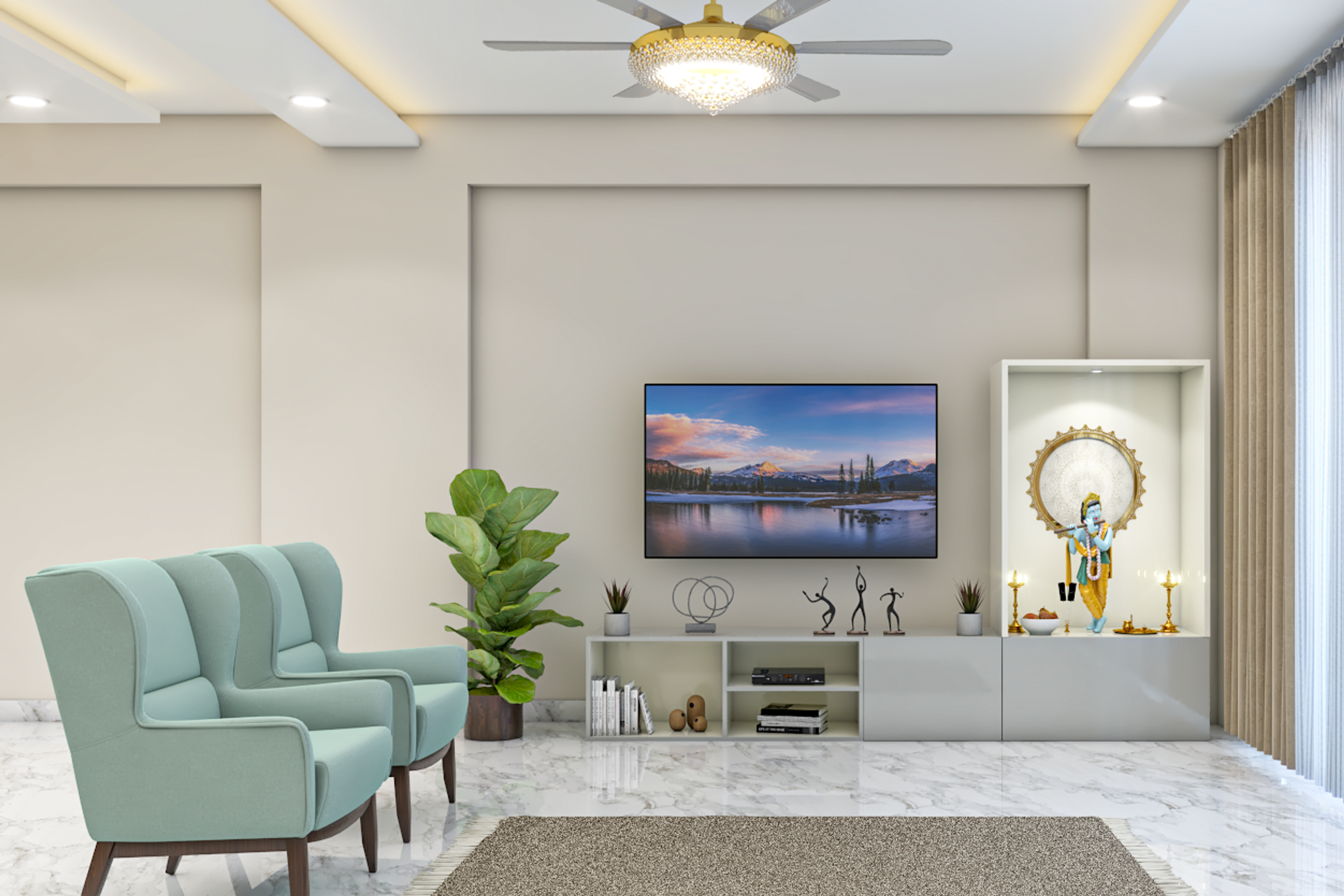 Living Room Design With Chandelier Fan - Livspace