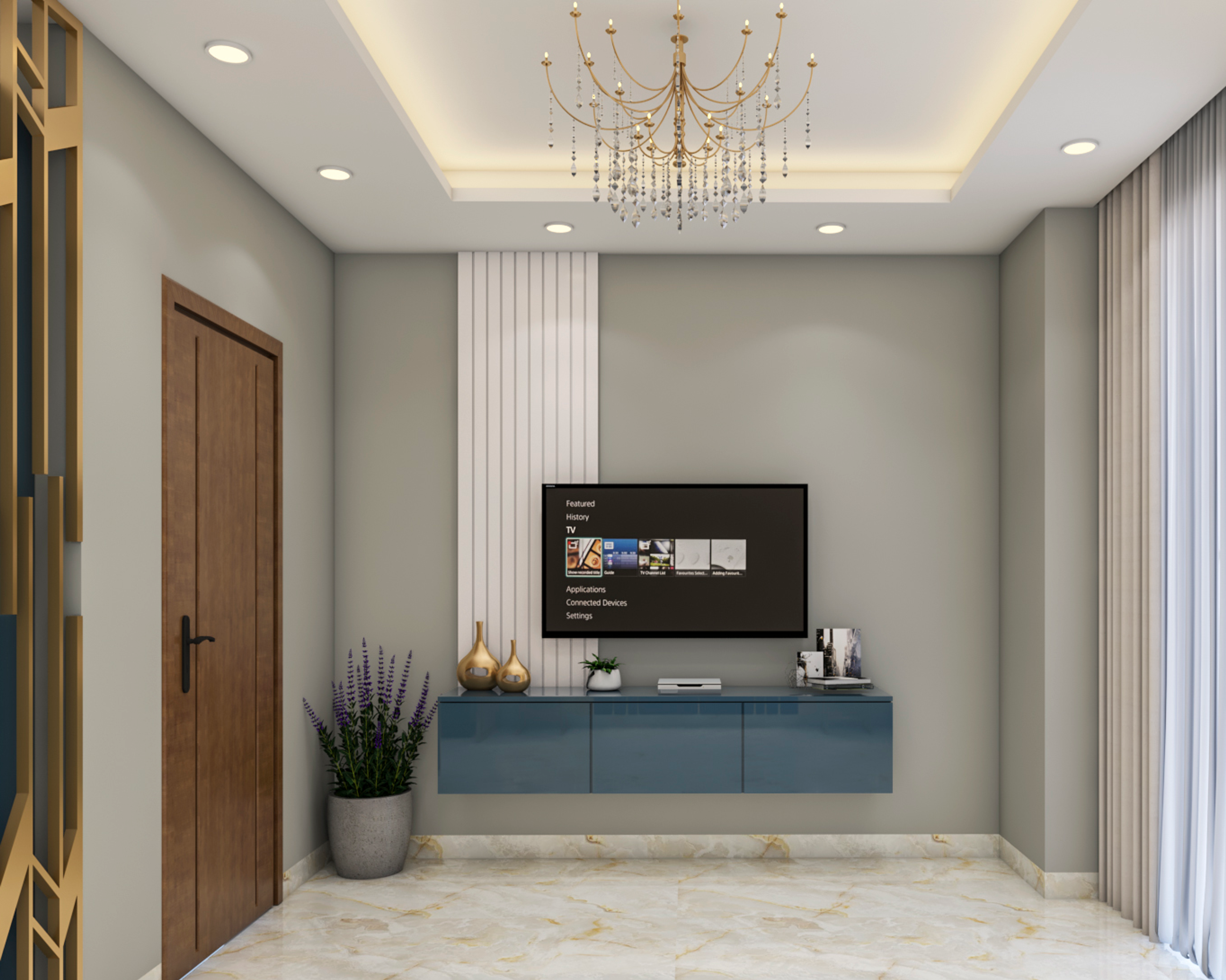 Modern Compact Living Room Design With Chandelier