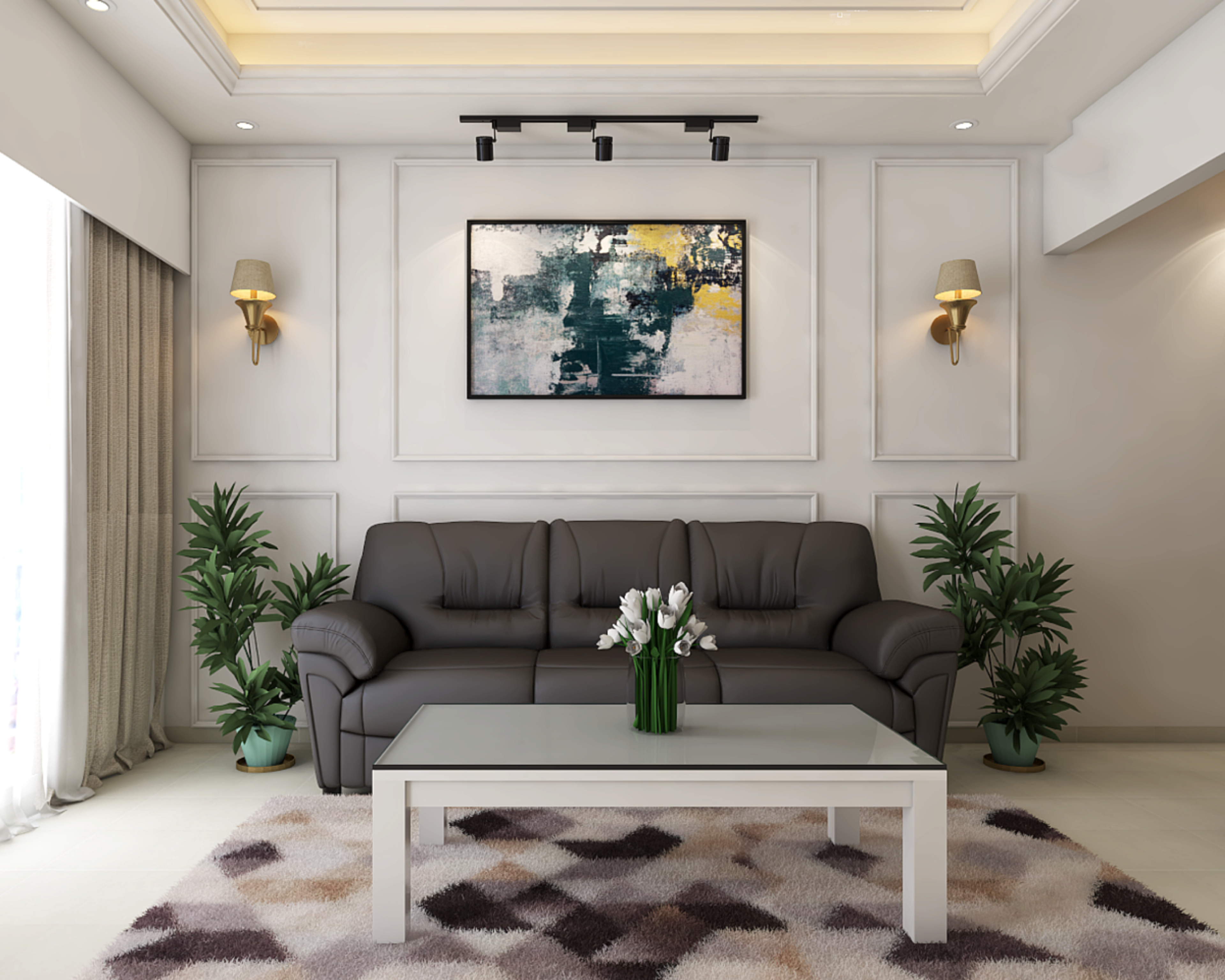 Compact Living Room Design With Grey Sofa And Wall Trims