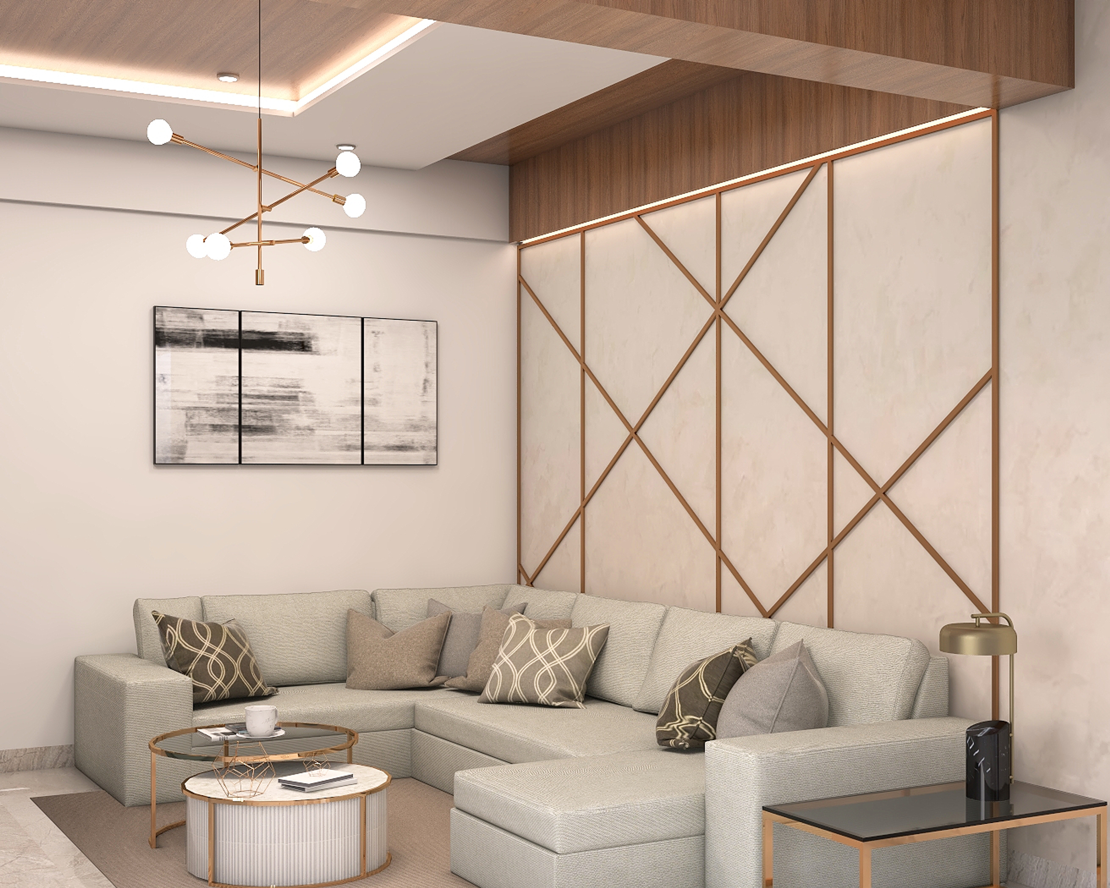 Contemporary Living Room Design With Wooden Trims On Accent Wall