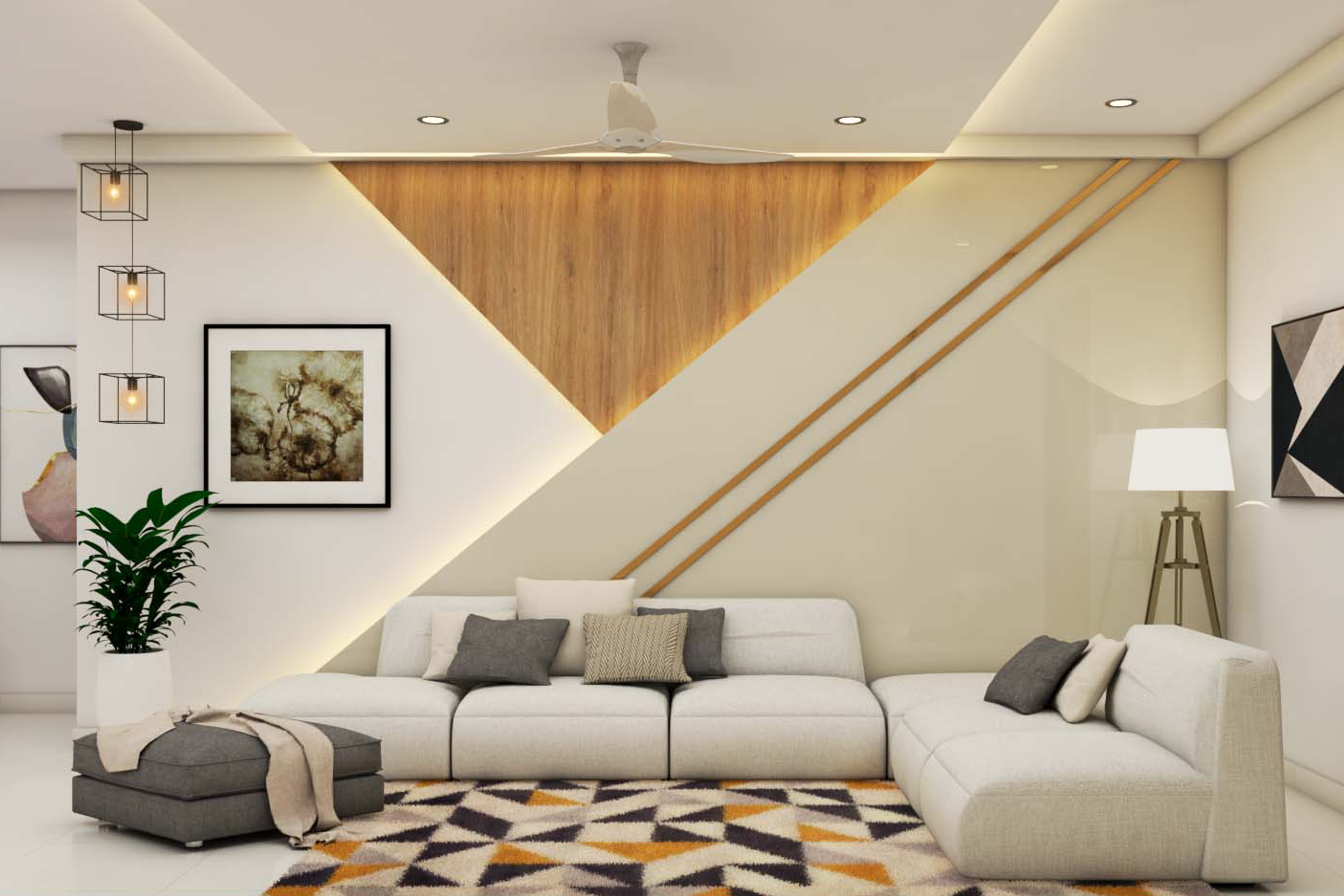 Contemporary White Living Room Design With Accent Wall