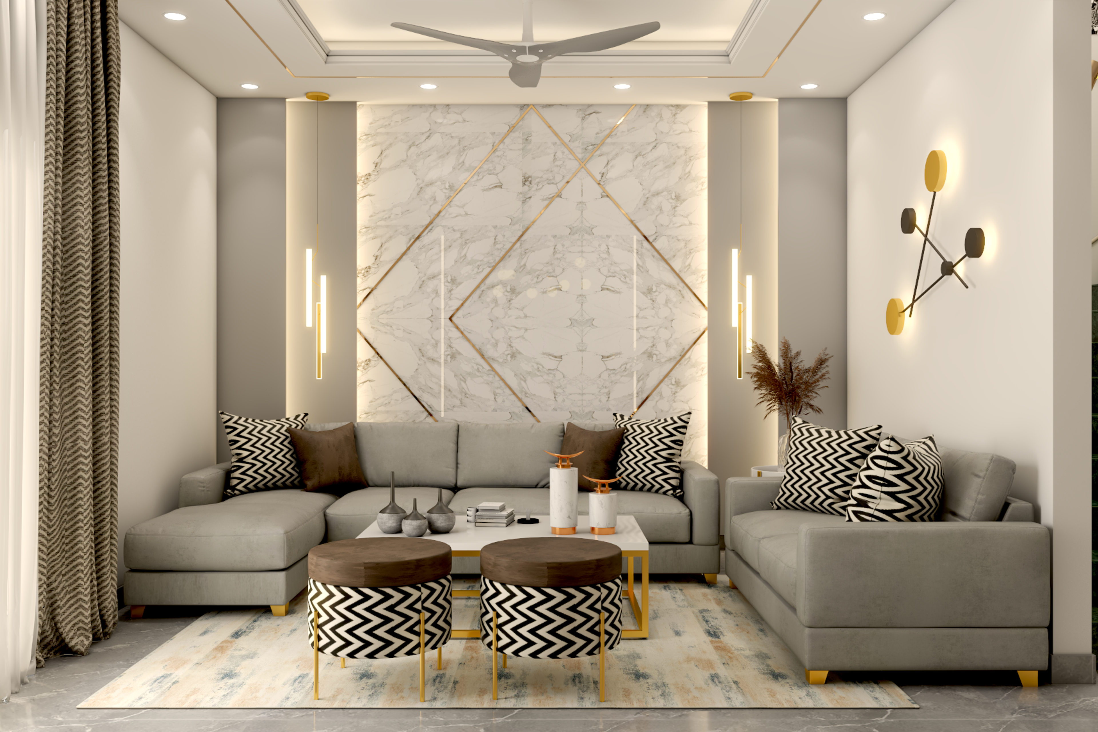 Grey Themed Living Room Design With Marble Backsplash