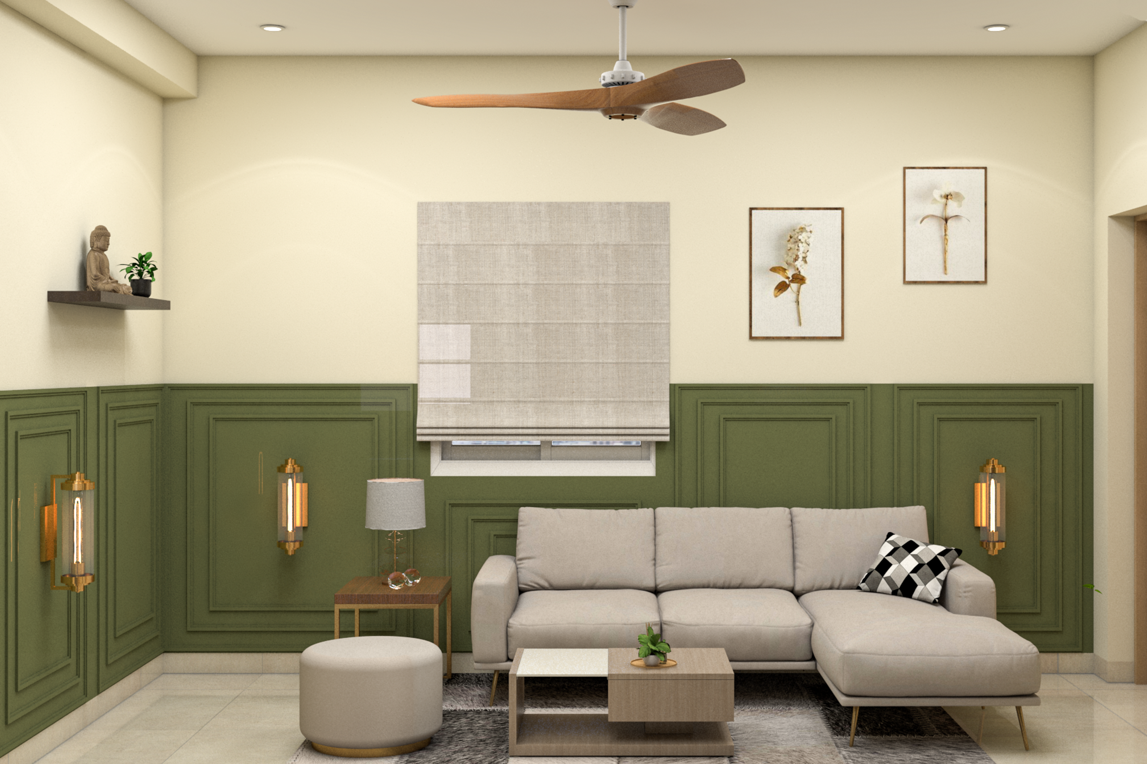 Modern Living Room Design With Olive Green And Beige Interiors