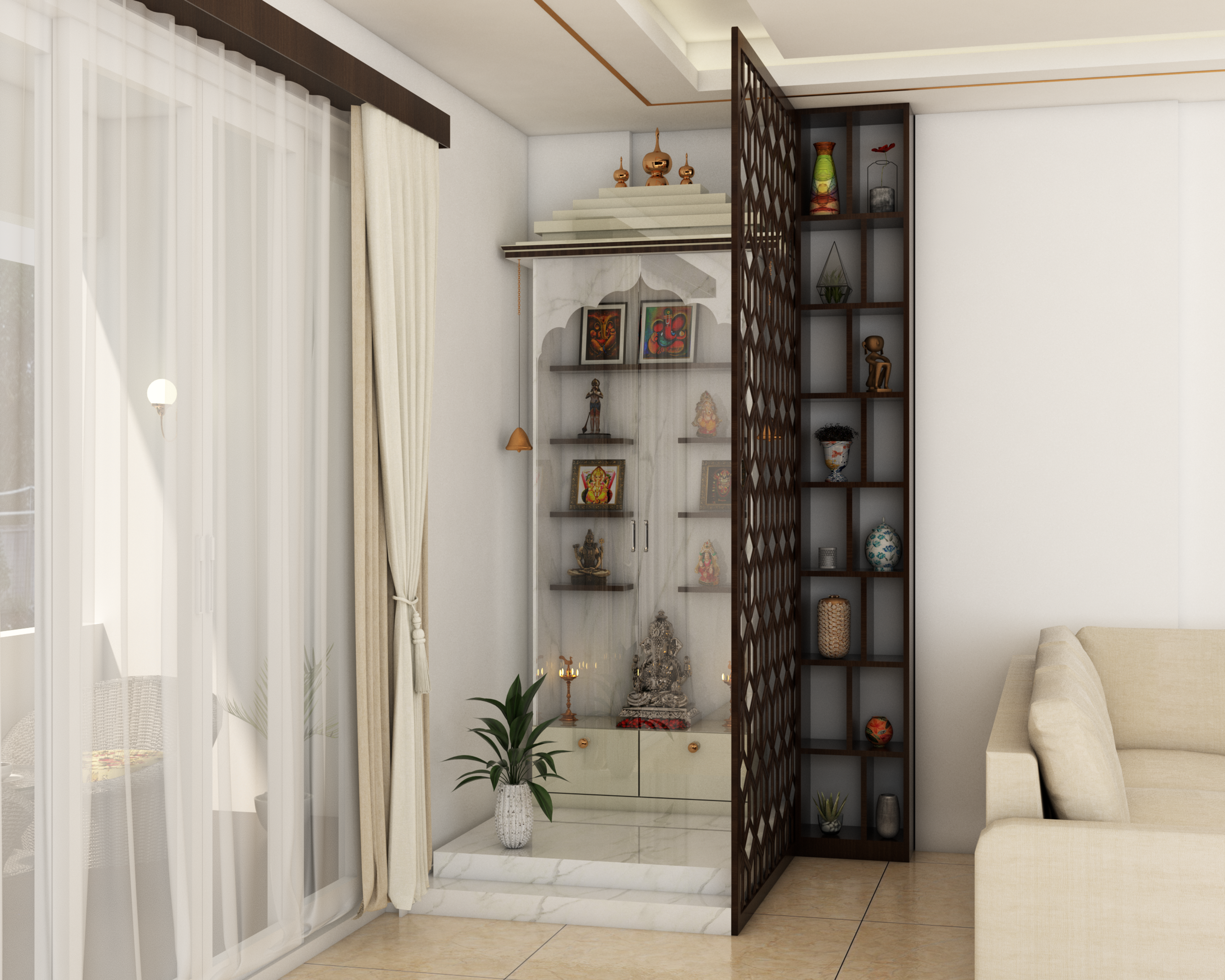 Traditional Pooja Room Design With Jali
