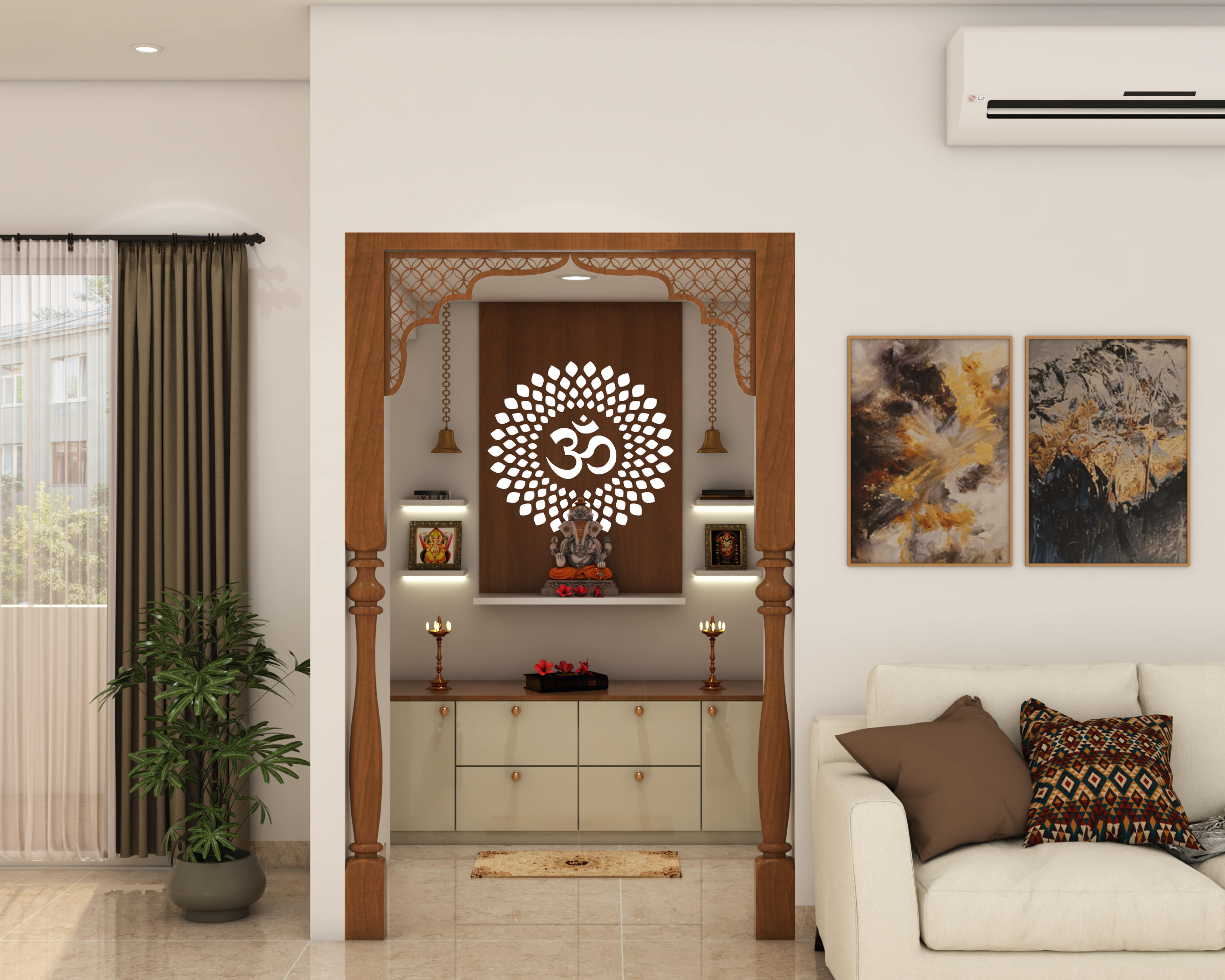 Modern Pooja Room Design With Wooden And Beige Finish