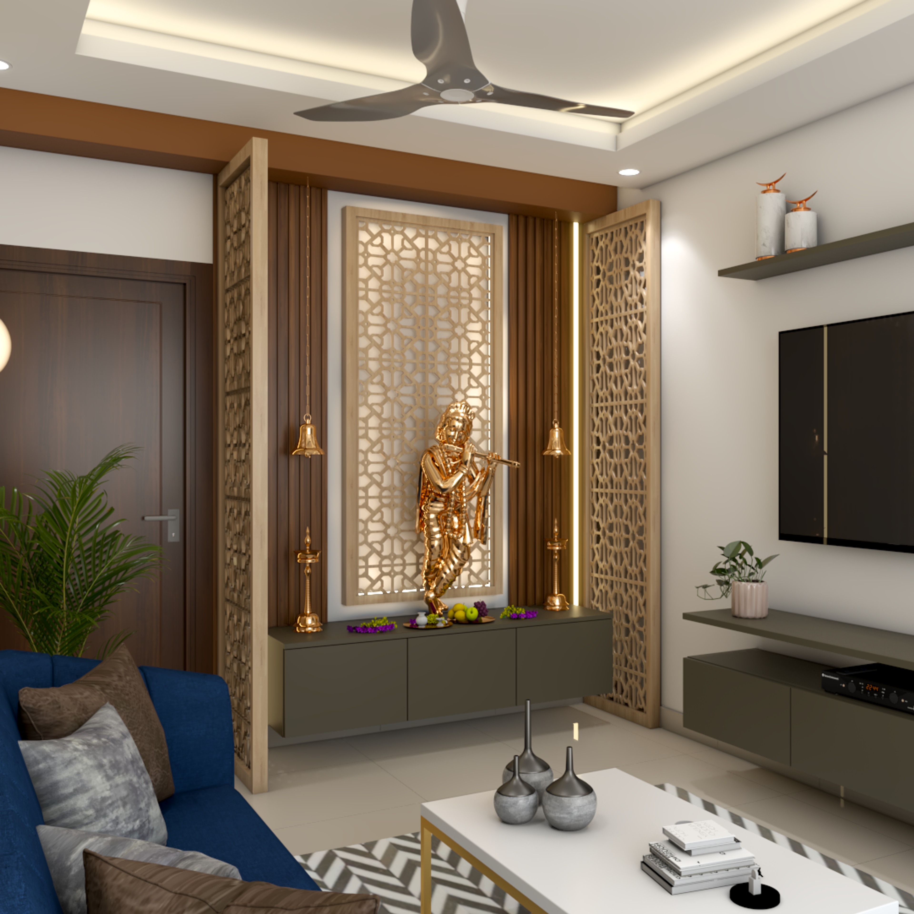 Modern Pooja Room Design With Grey Console Table