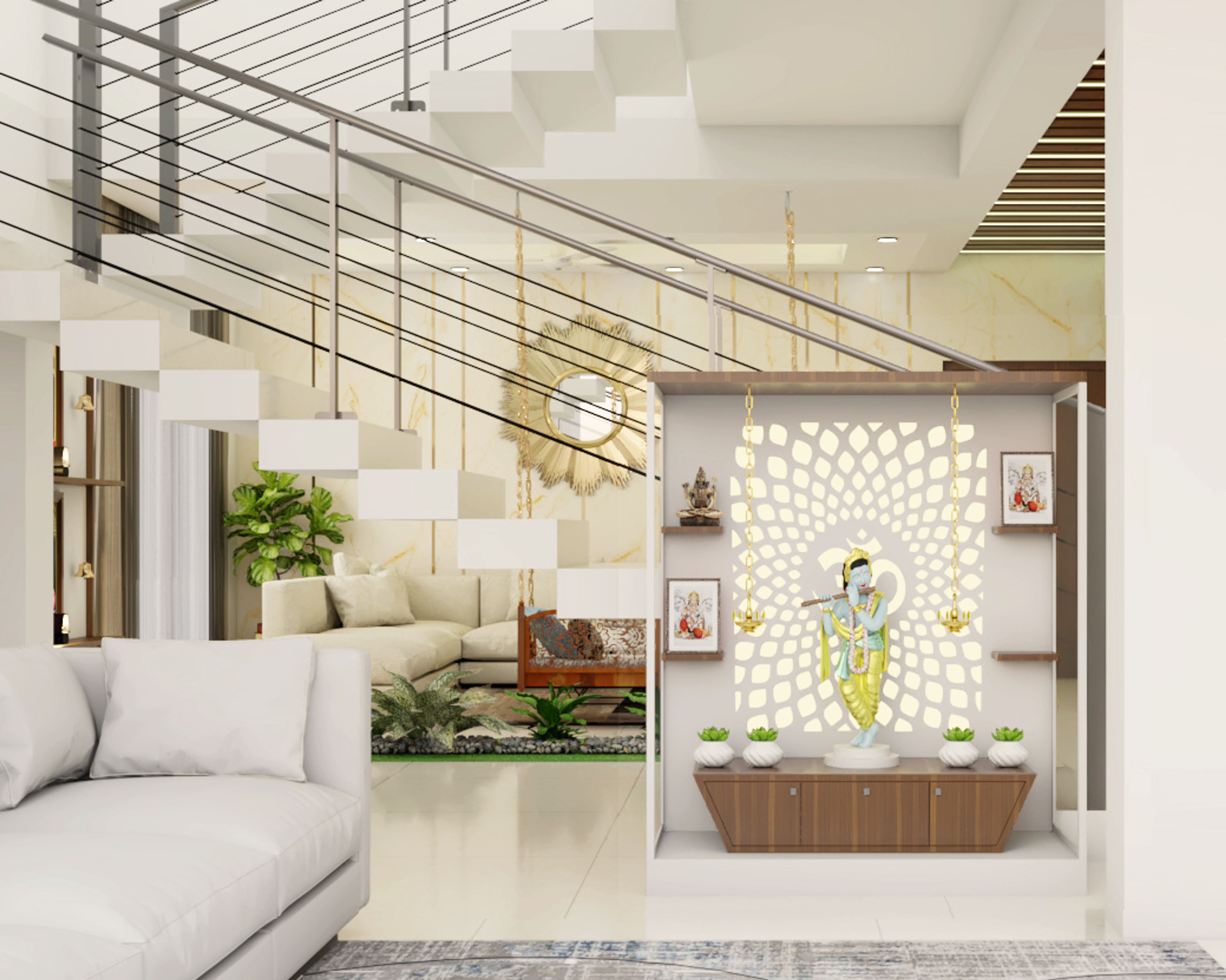 Modern Style Spacious Pooja Room Design In White