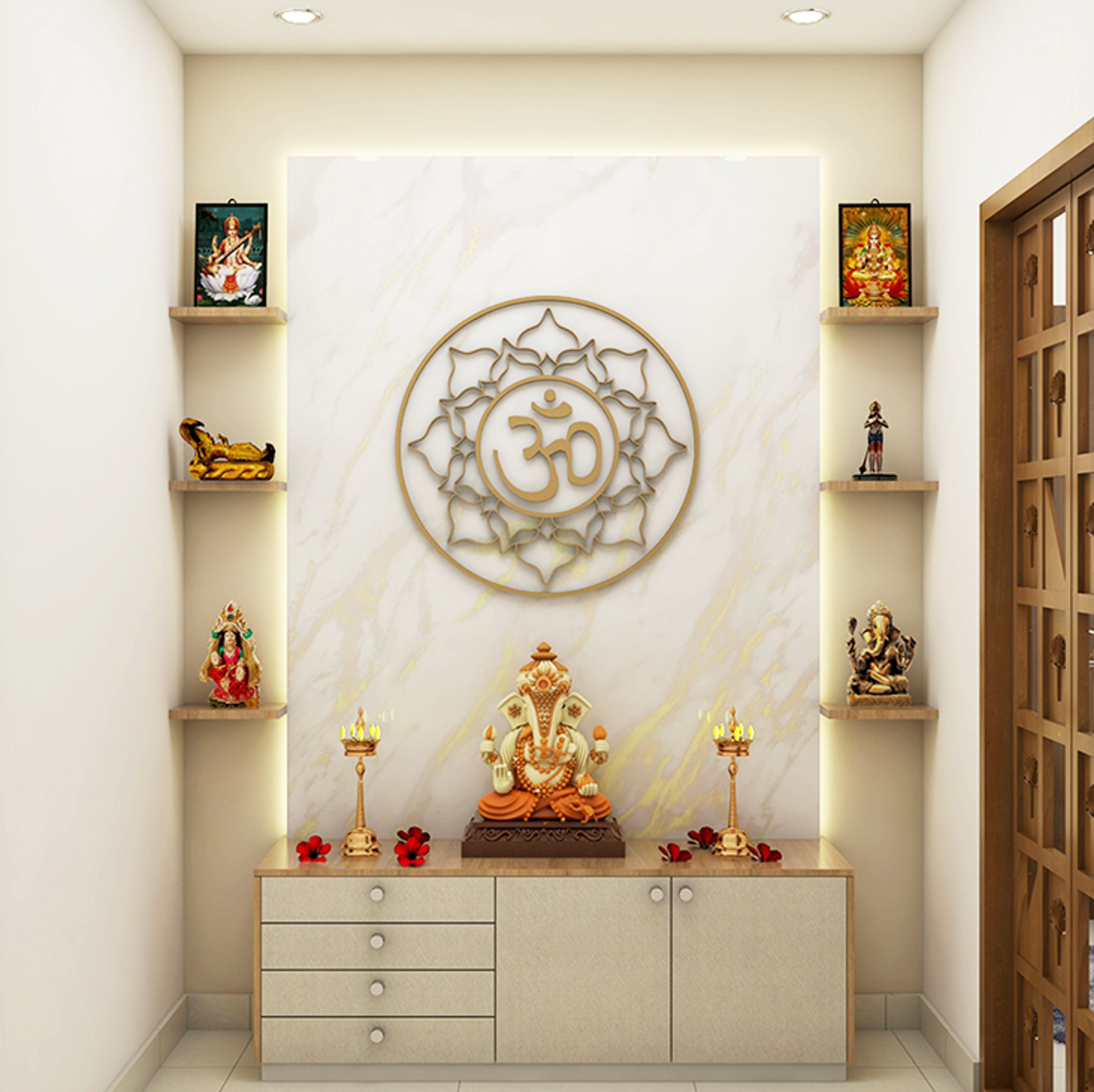 Modern Pooja Room Design With Storage