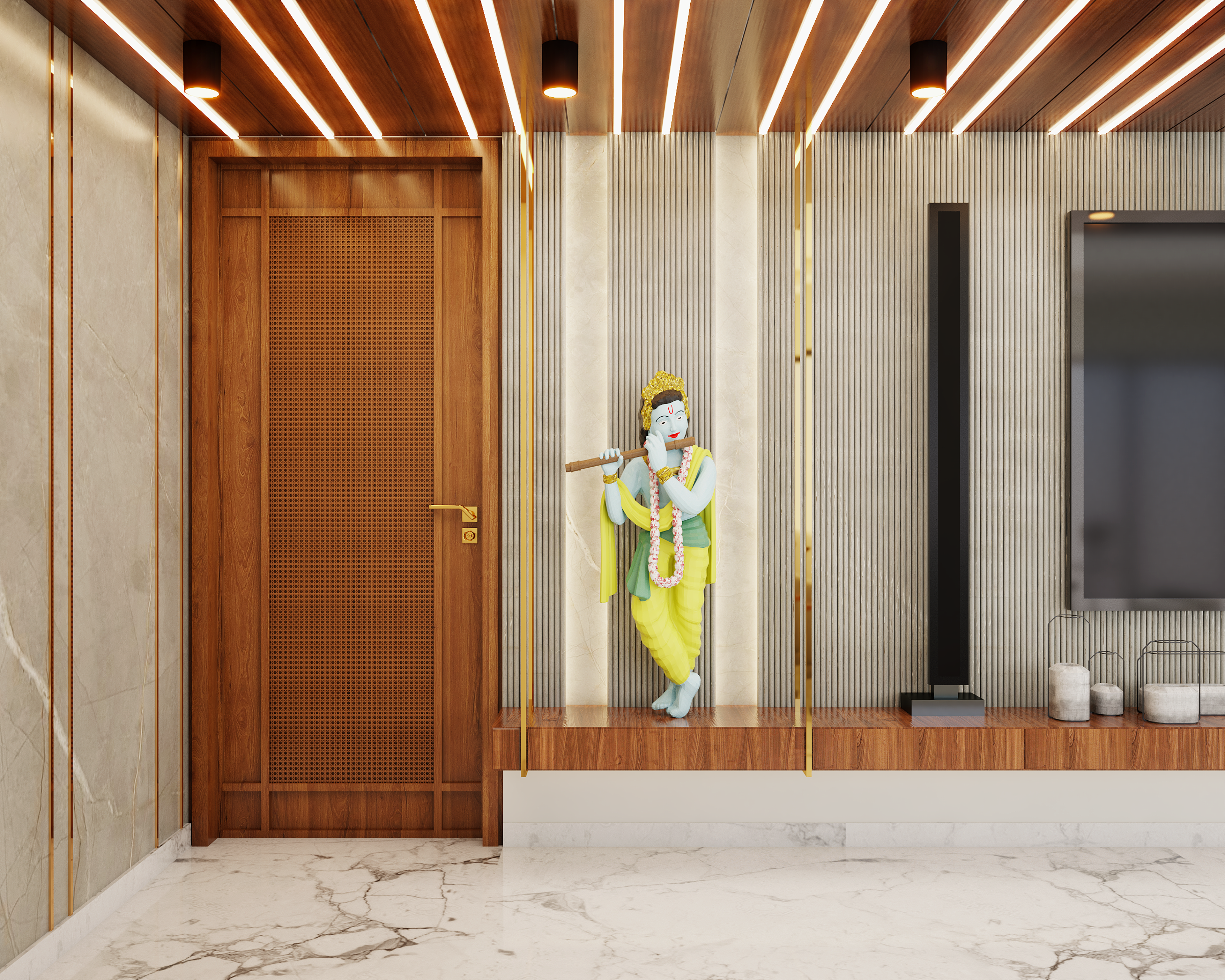 Modern Spacious Pooja Room Design With Ceiling Lights