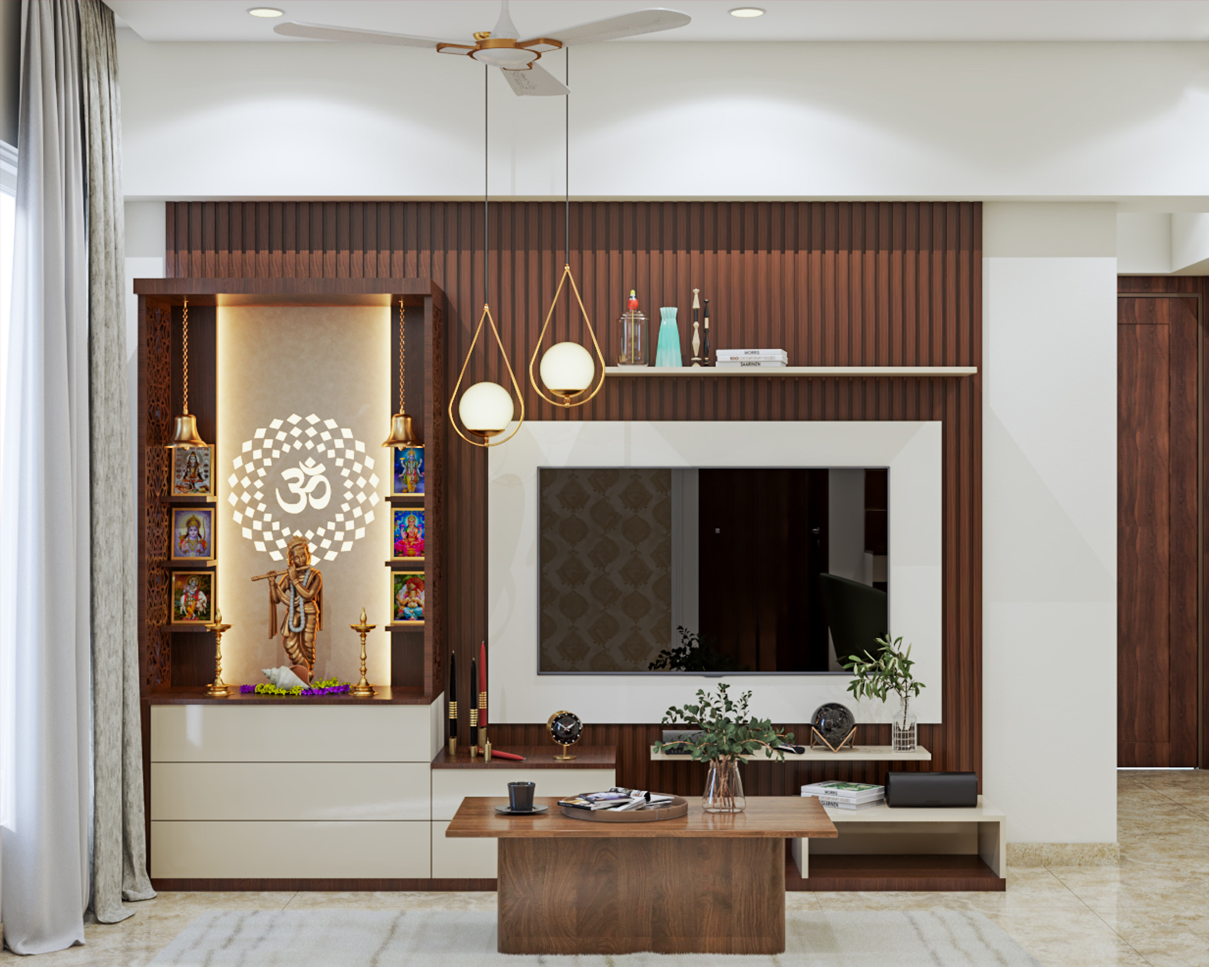Modern Pooja Room Design With Wooden Panelling And TV Unit