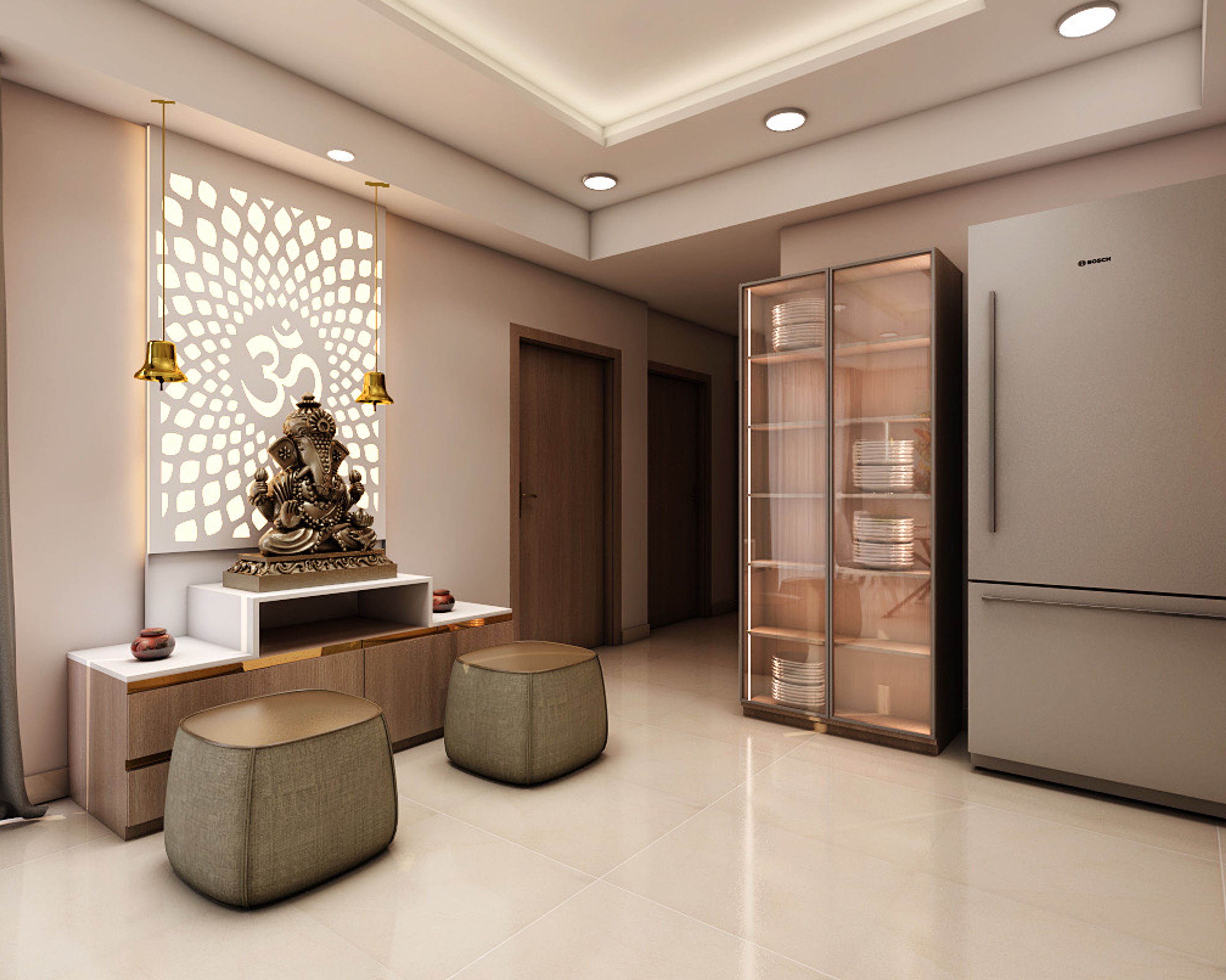Modern White Pooja Room Design With Wooden Textures
