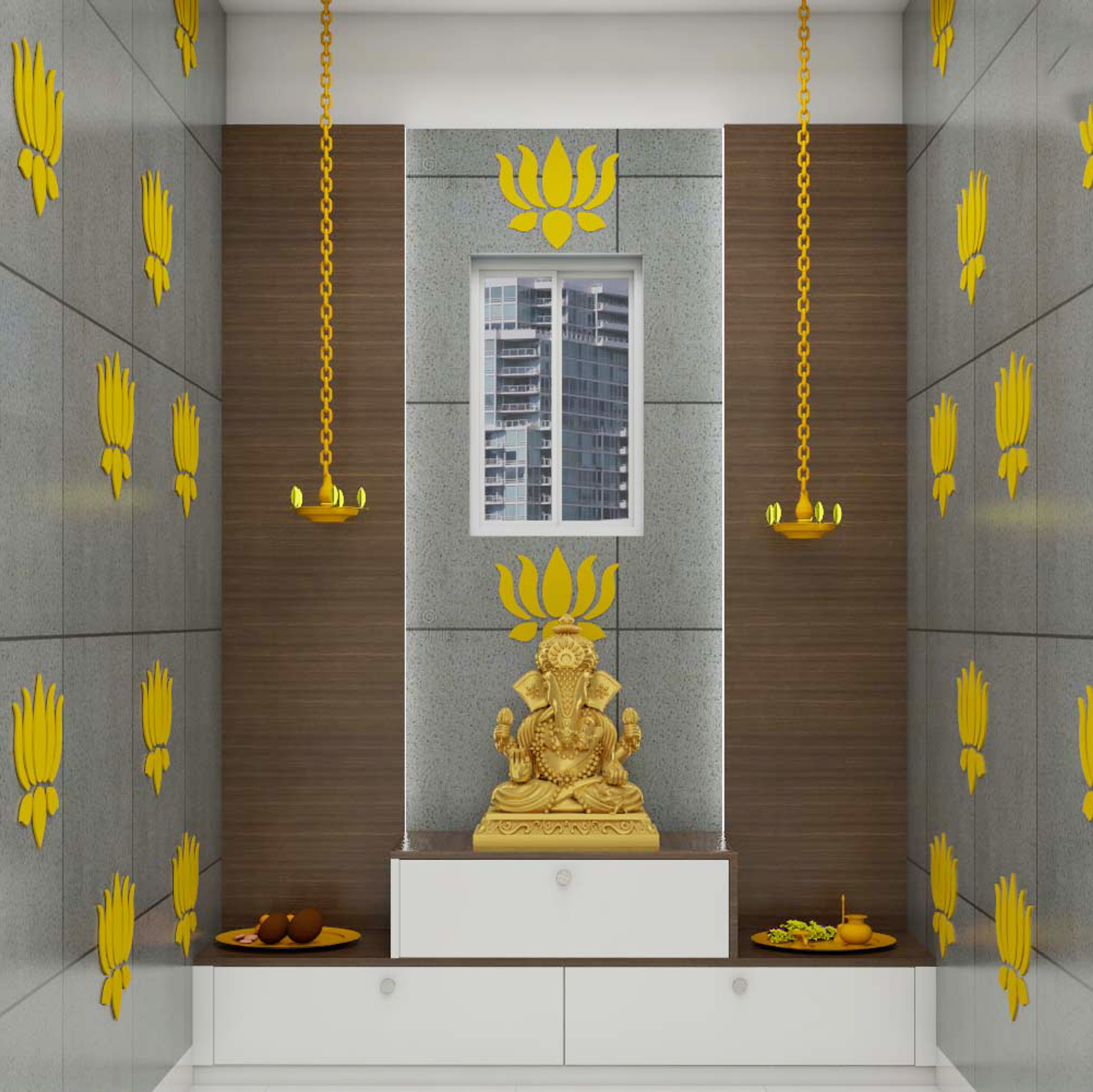 Modern Yellow Lotus Closed Pooja Room Design