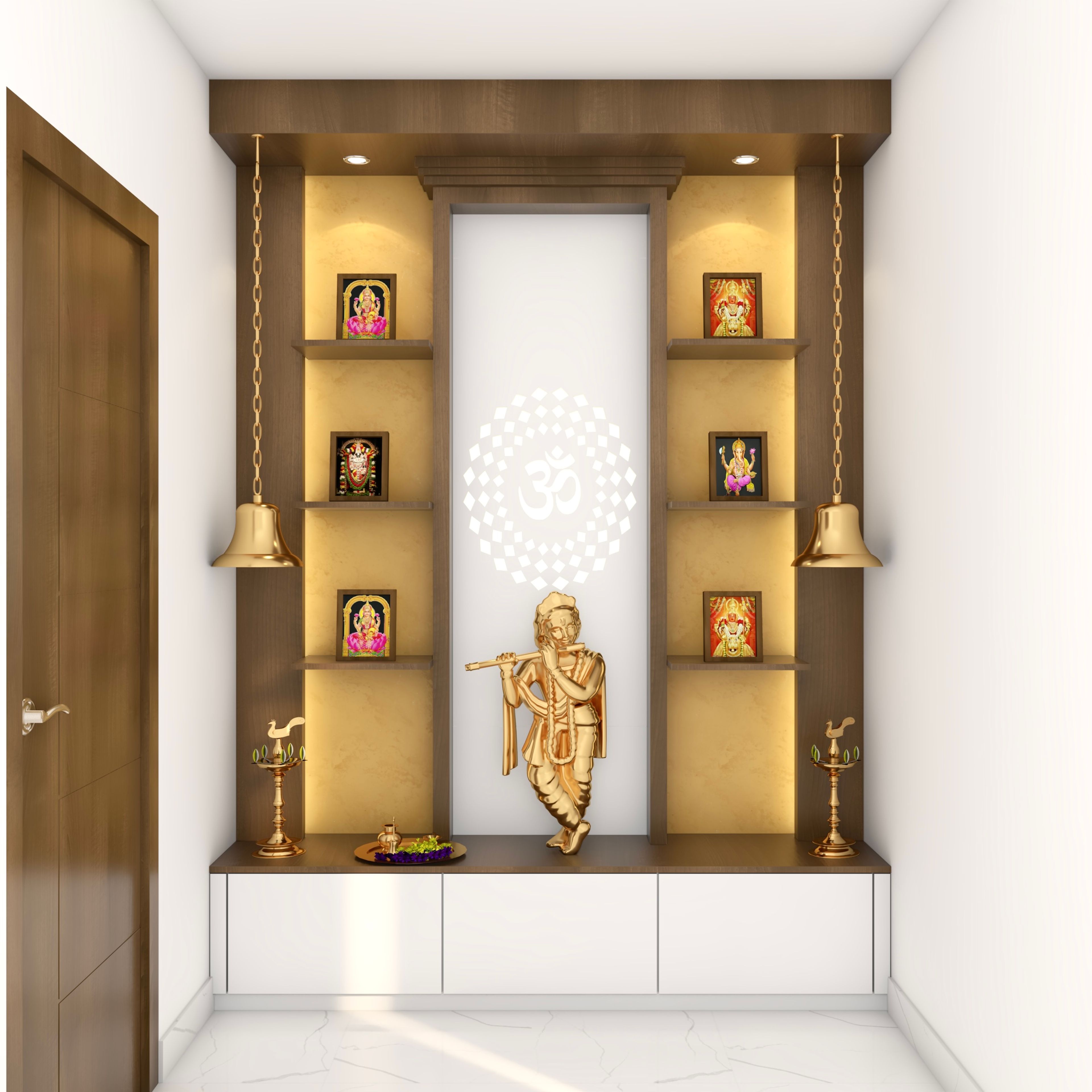 Elegant Pooja Room Design With Yellow Wall And Wooden Ledges
