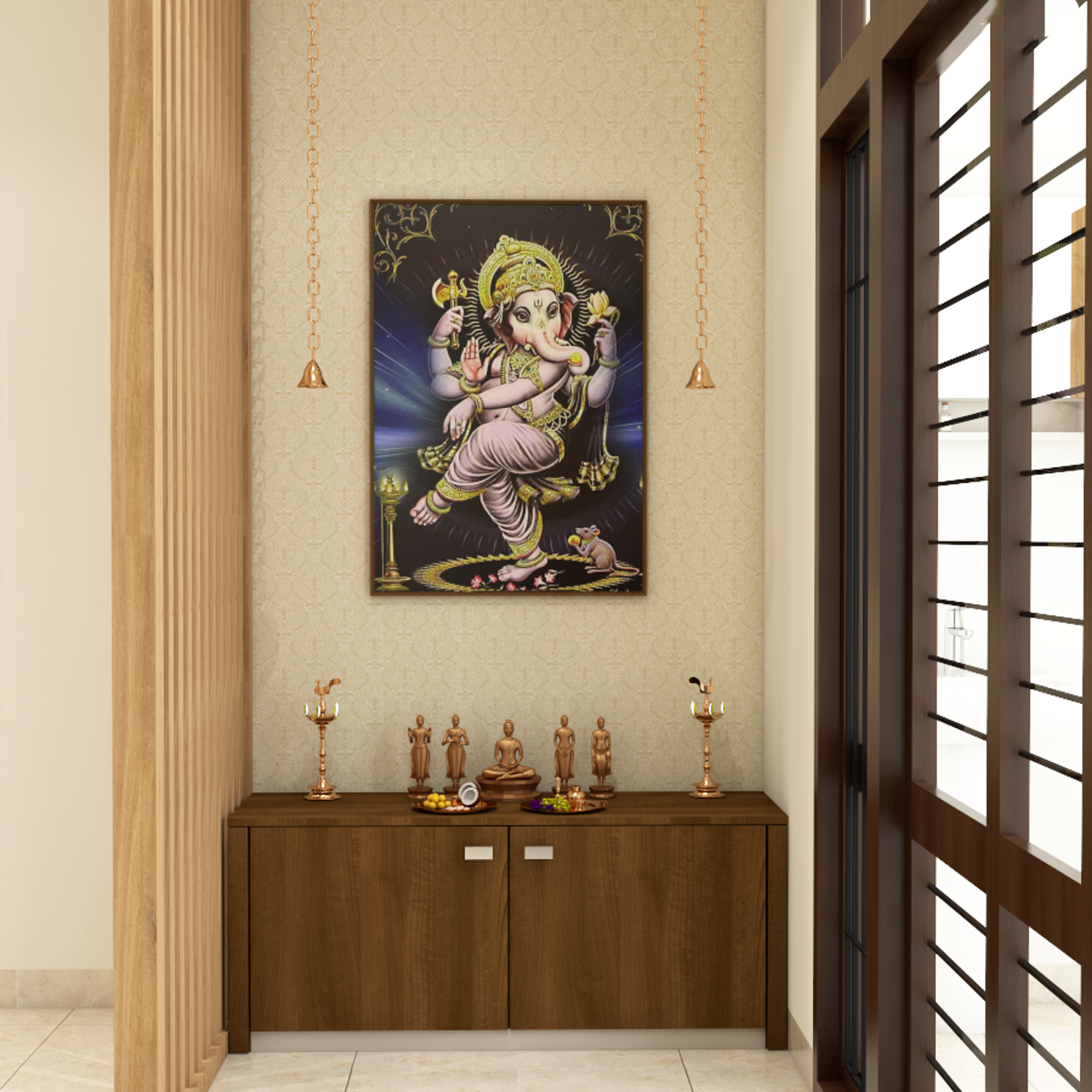 Modern Pooja Room Design With Ganesha Frame