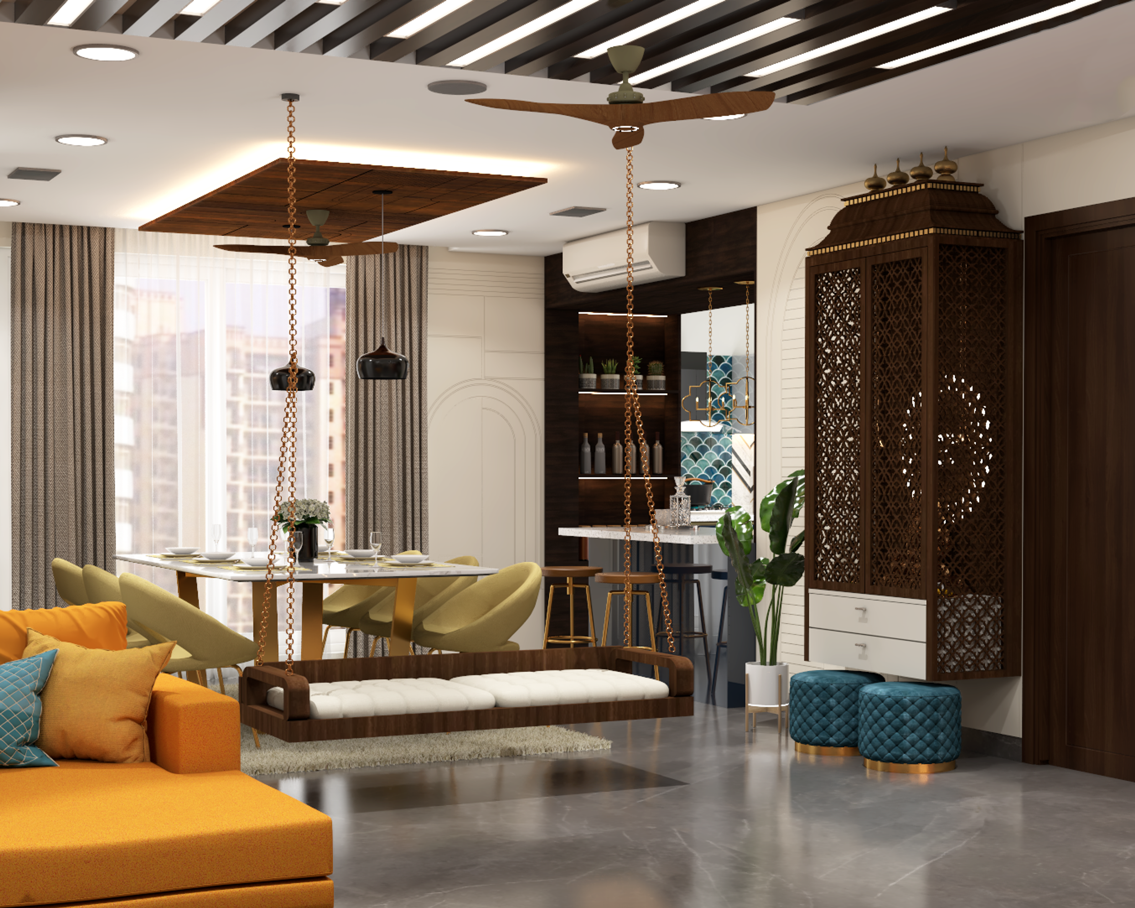 Traditional Style Convenient Pooja Room Design Within Living Room