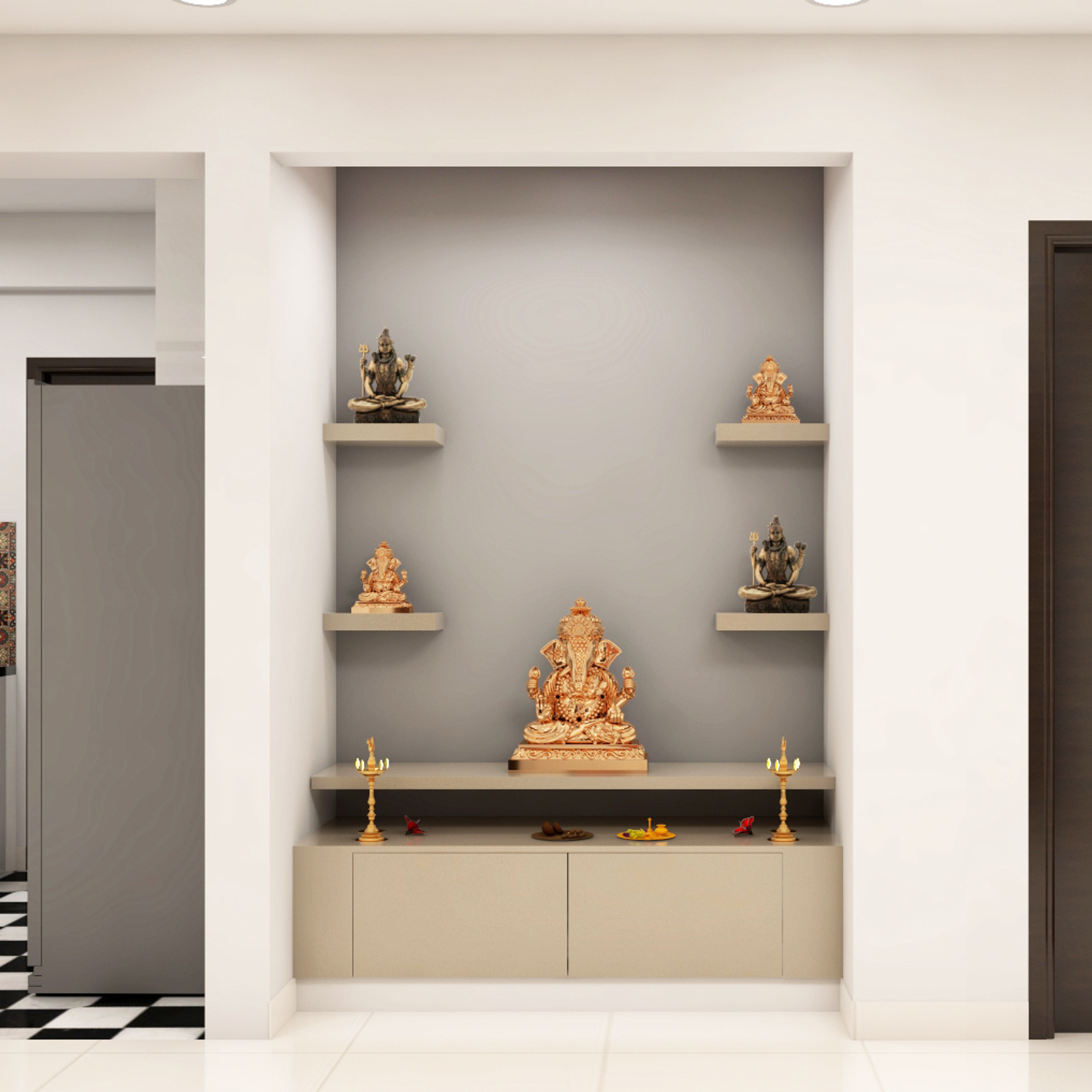 Minimal Pooja Room Design With Open Shelves