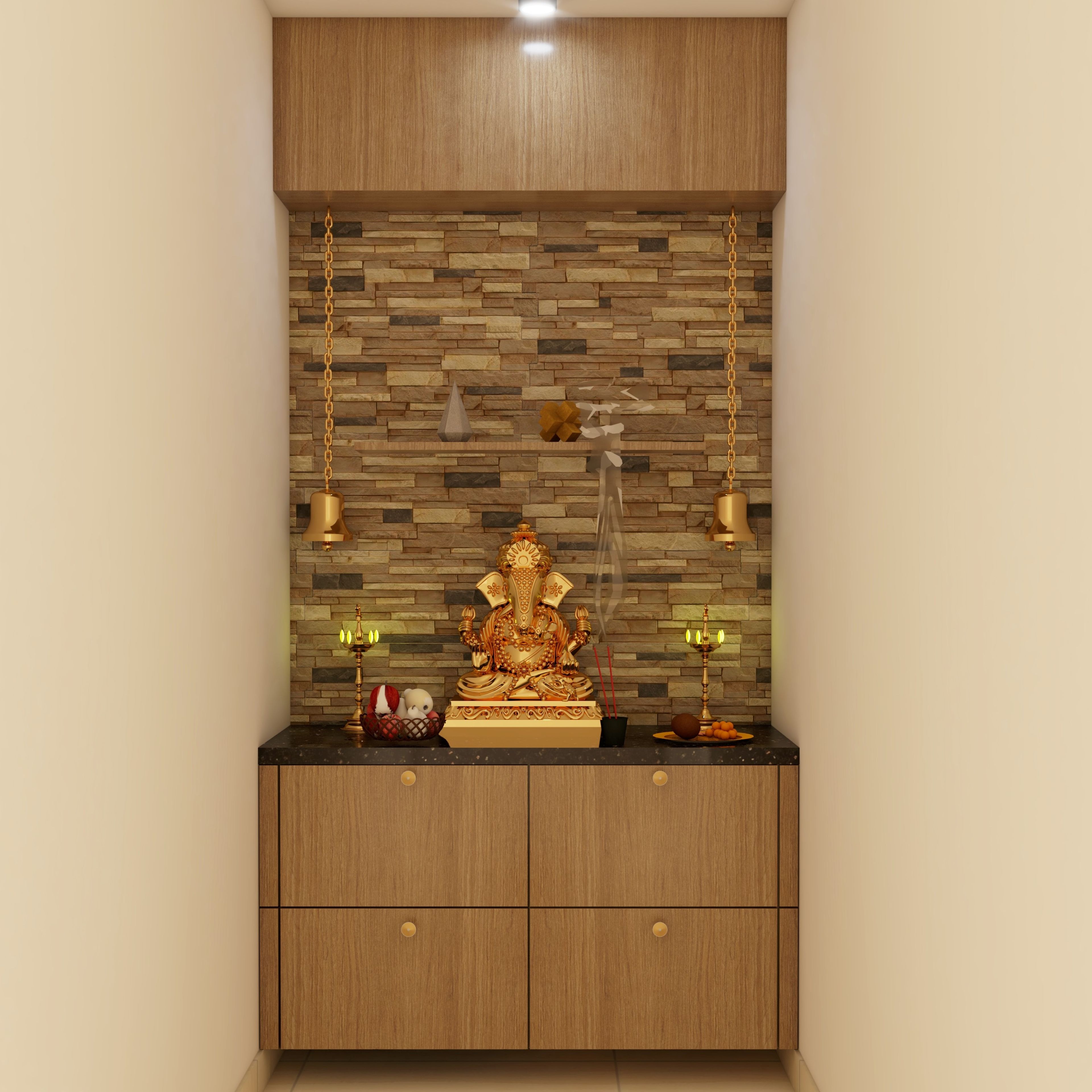 Contemporary Oak Textured Pooja Room Design Ideas