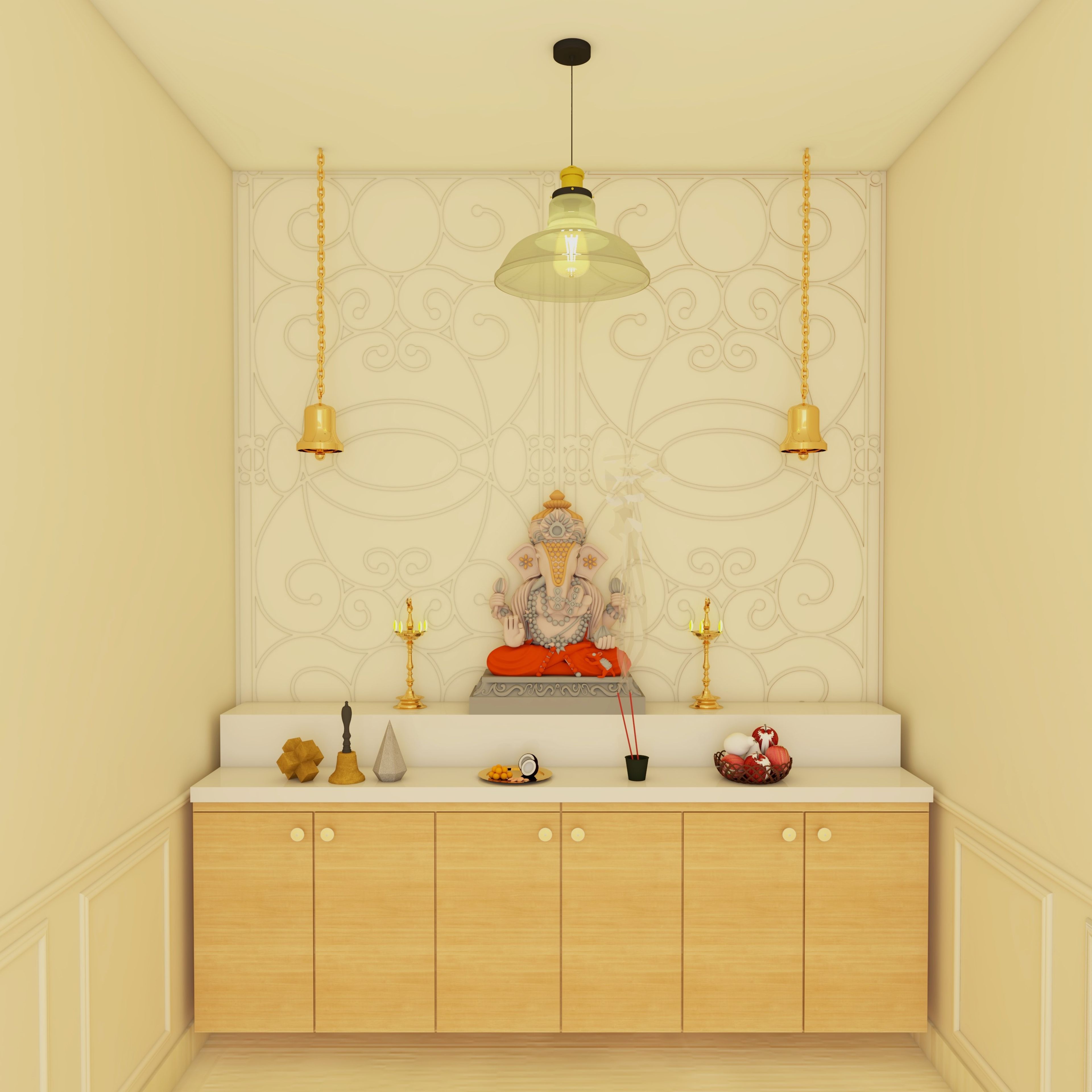 Mild Yellow Pooja Room Design With Two-Step Platform